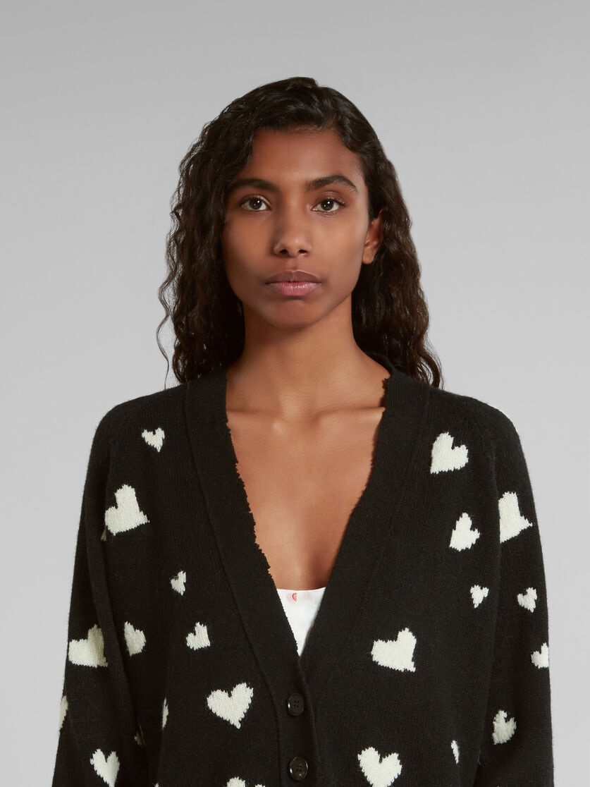 BLACK WOOL LONG CARDIGAN WITH BUNCH OF HEARTS MOTIF - 4