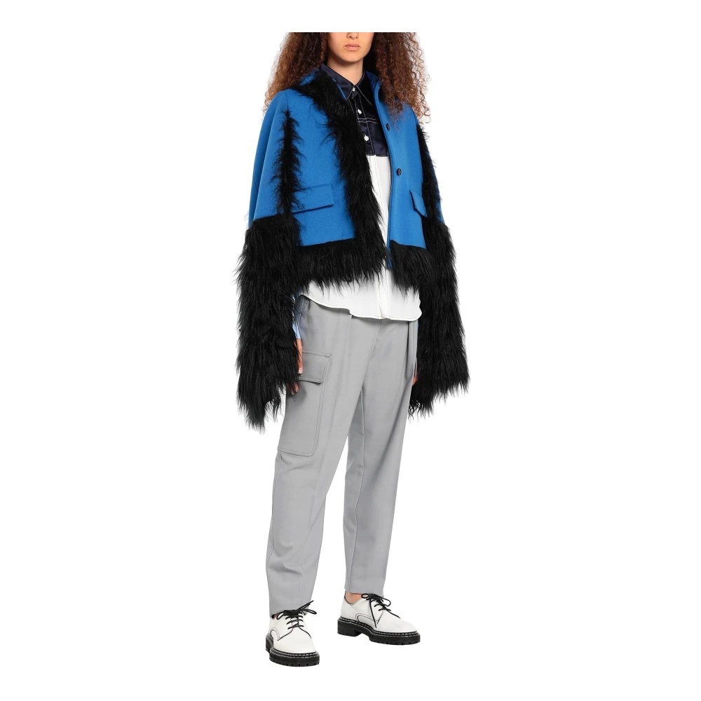 BLUE FAUX FUR TRIMMED CAPE JACKET - 4