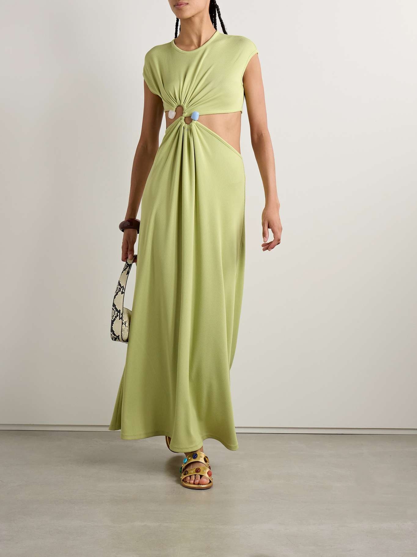 Embellished cutout ribbed-knit maxi dress Sage green - 2