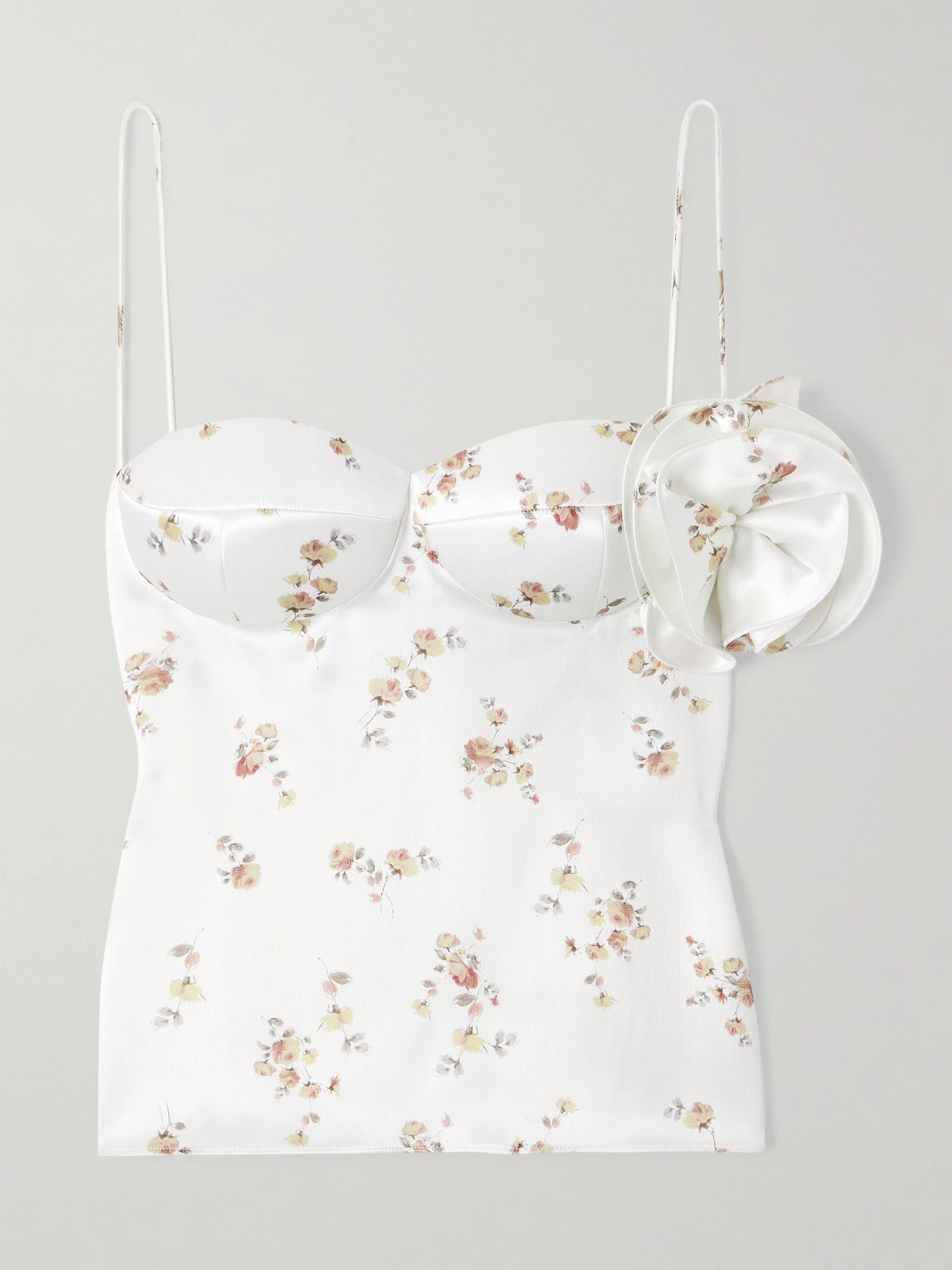 Appliquéd floral-print silk bustier top Cream - 1