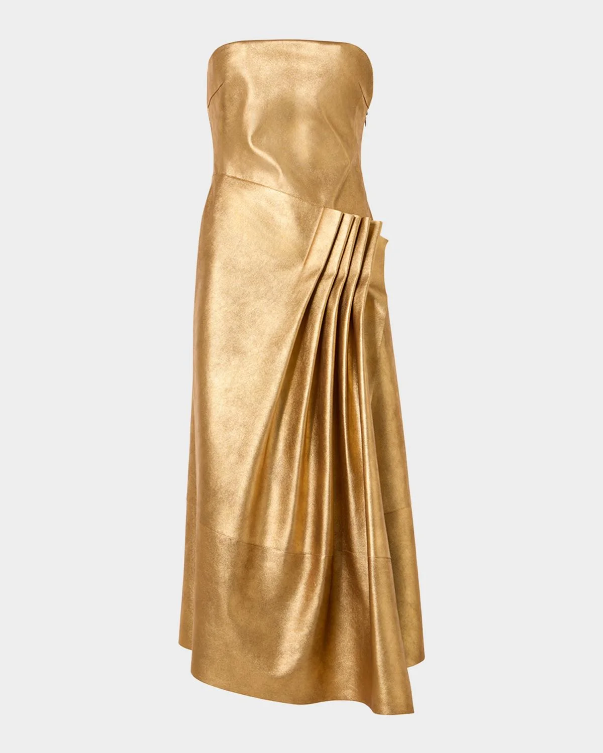Strapless Asymmetric Gathered Lamé Nappa Leather Midi Bustier Gown - 1