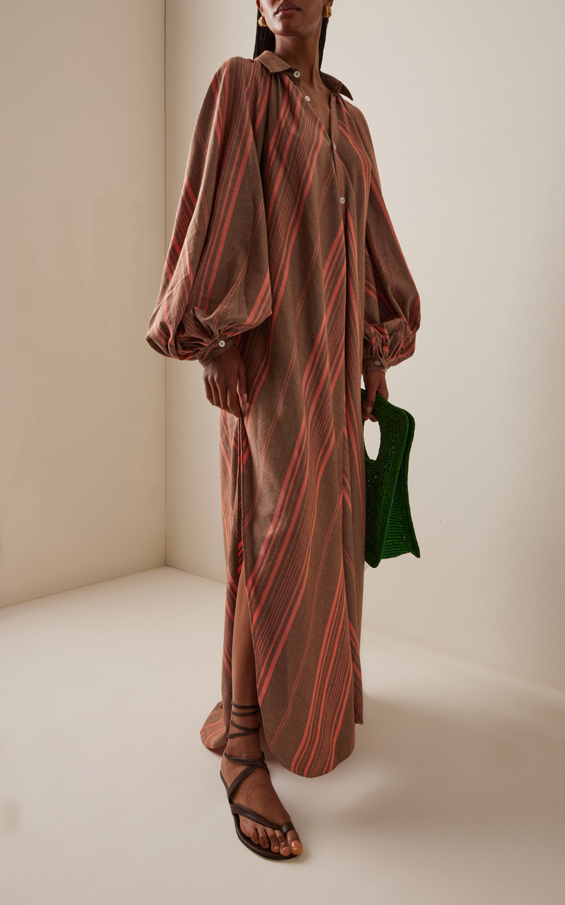 MARRAKSHI LIFE The Touareg Balloon-Sleeve Striped Cotton Dress brown outlook