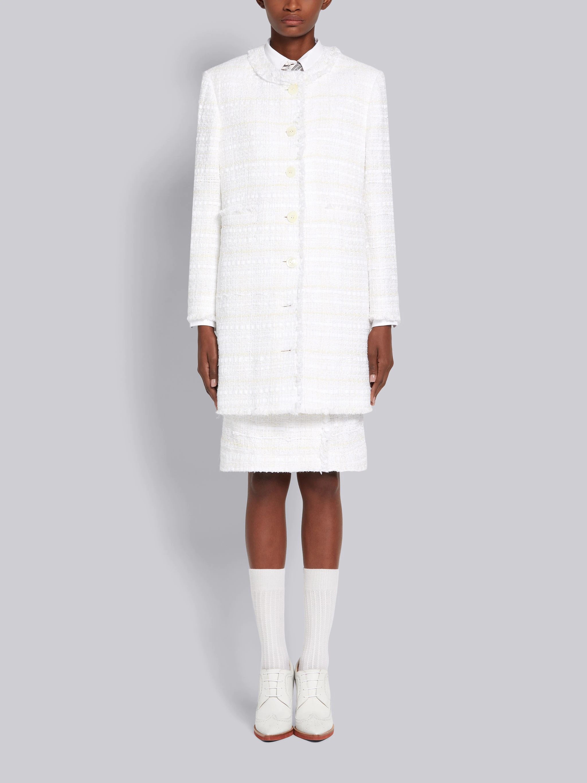 White Cotton Oxford Ribbon Tweed Frayed Crewneck Cardigan Overcoat - 1