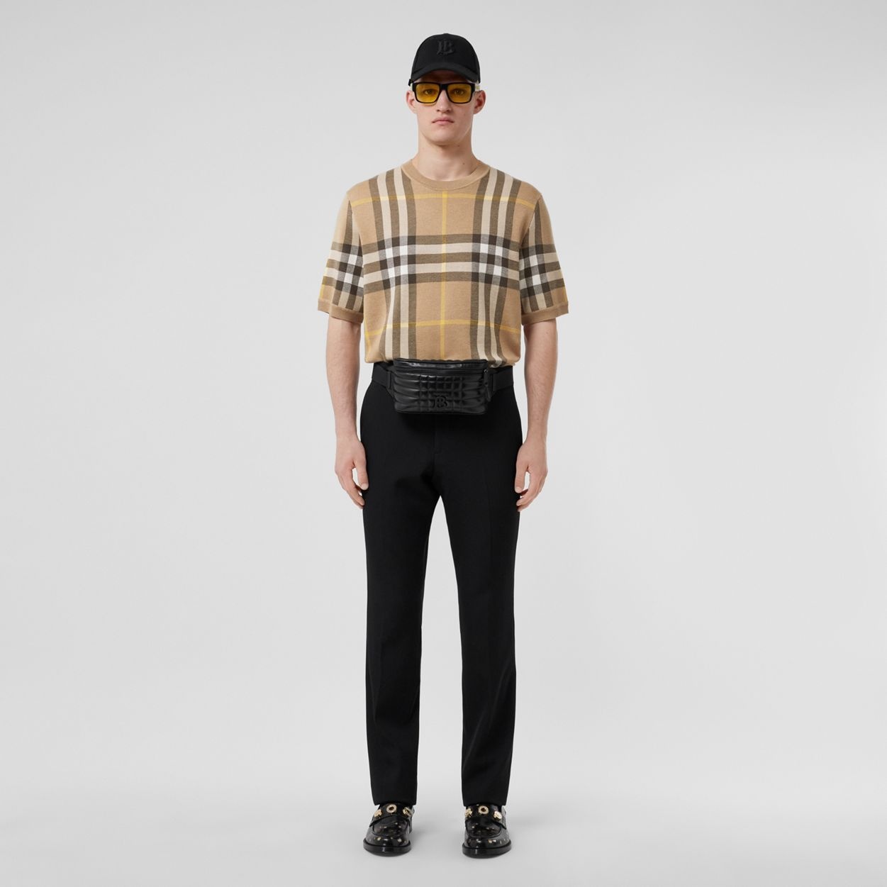 Short-sleeve Check Silk Wool Jacquard Top - 5
