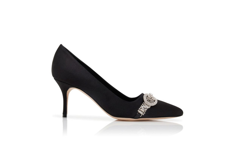 Black Satin Jewel Embellished Pumps - 1