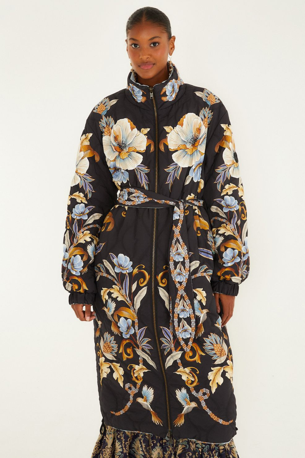 Black Flowerful Snake Garden Reversible Maxi Puffer Jacket - 3