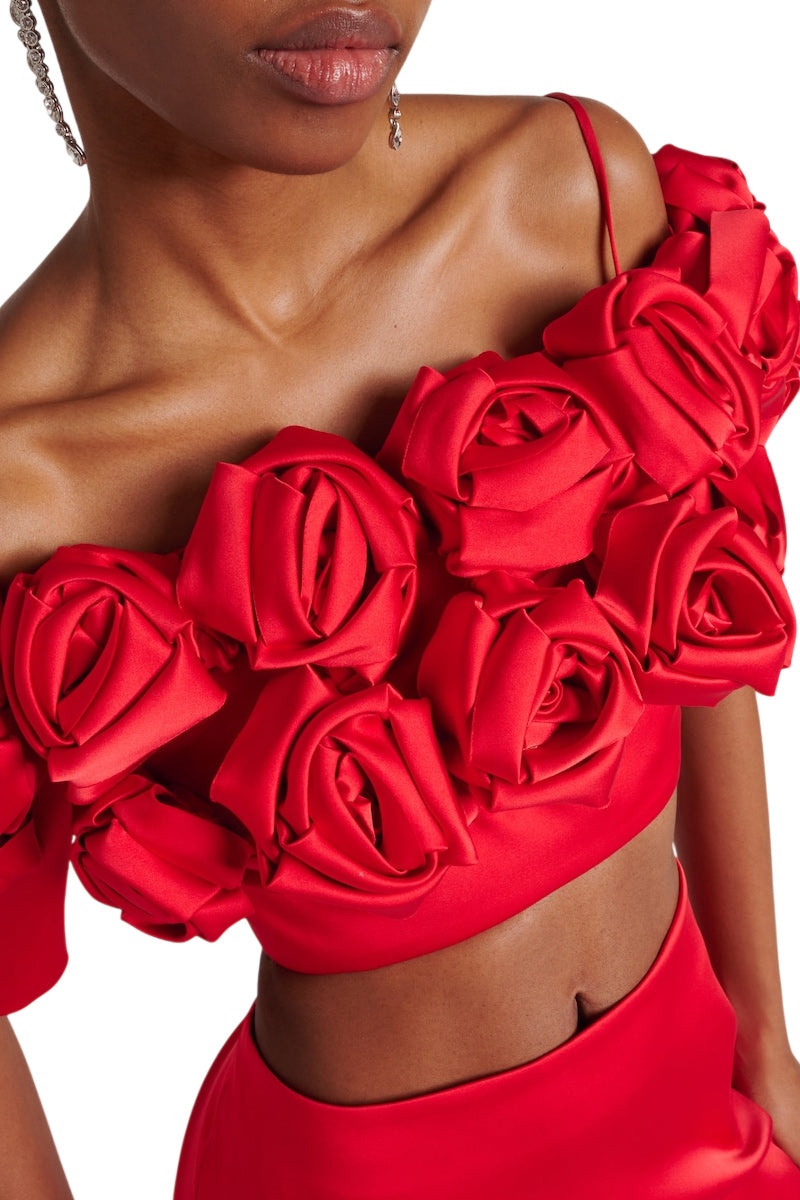 CROPPED FLOWER EMBELLISHED SATIN TOP - 3
