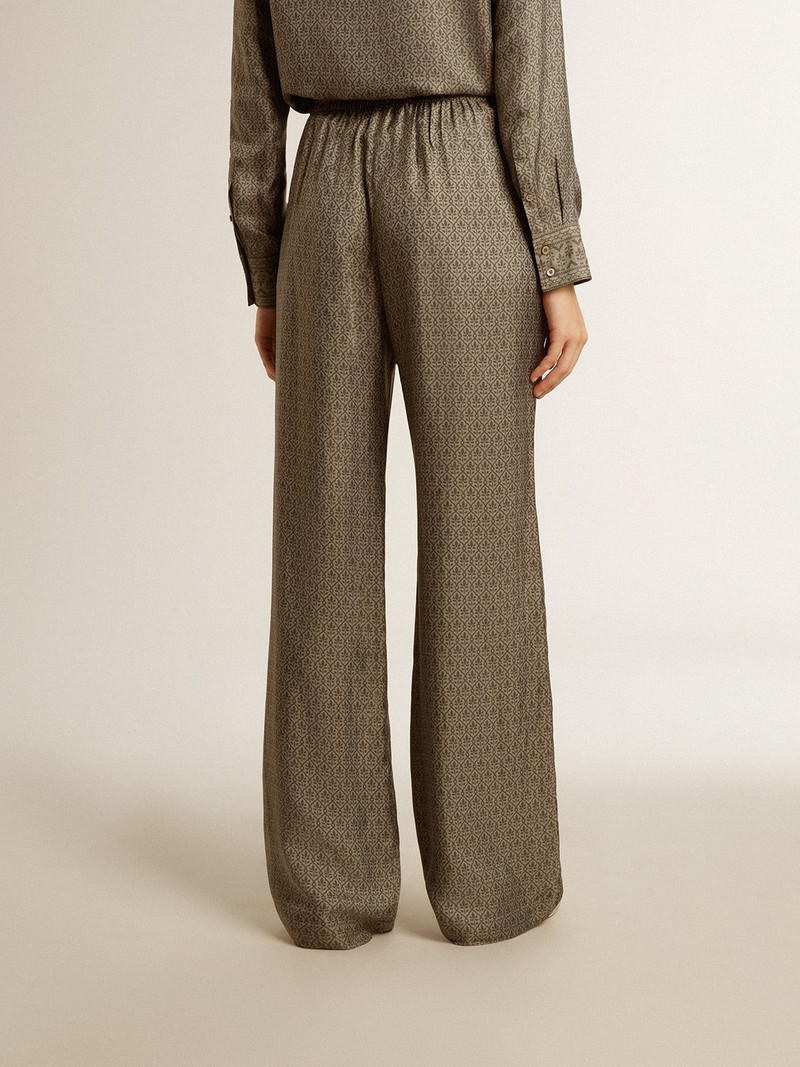 Women's green viscose-blend silk pants with floral pattern 5