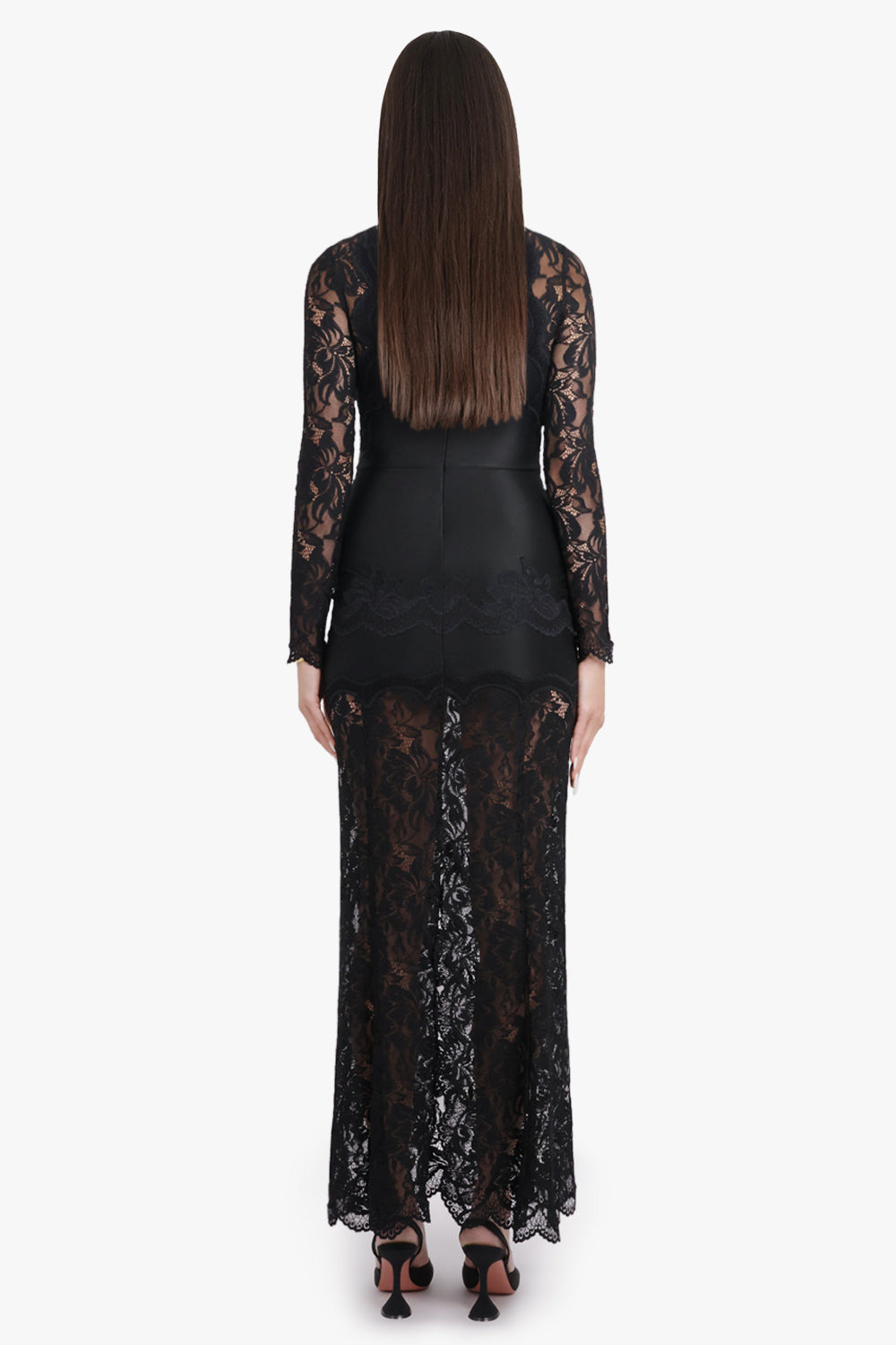 HIGH NECK L/S LACE MAXI DRESS WITH V NECKLINE DETAIL | BLACK - 4