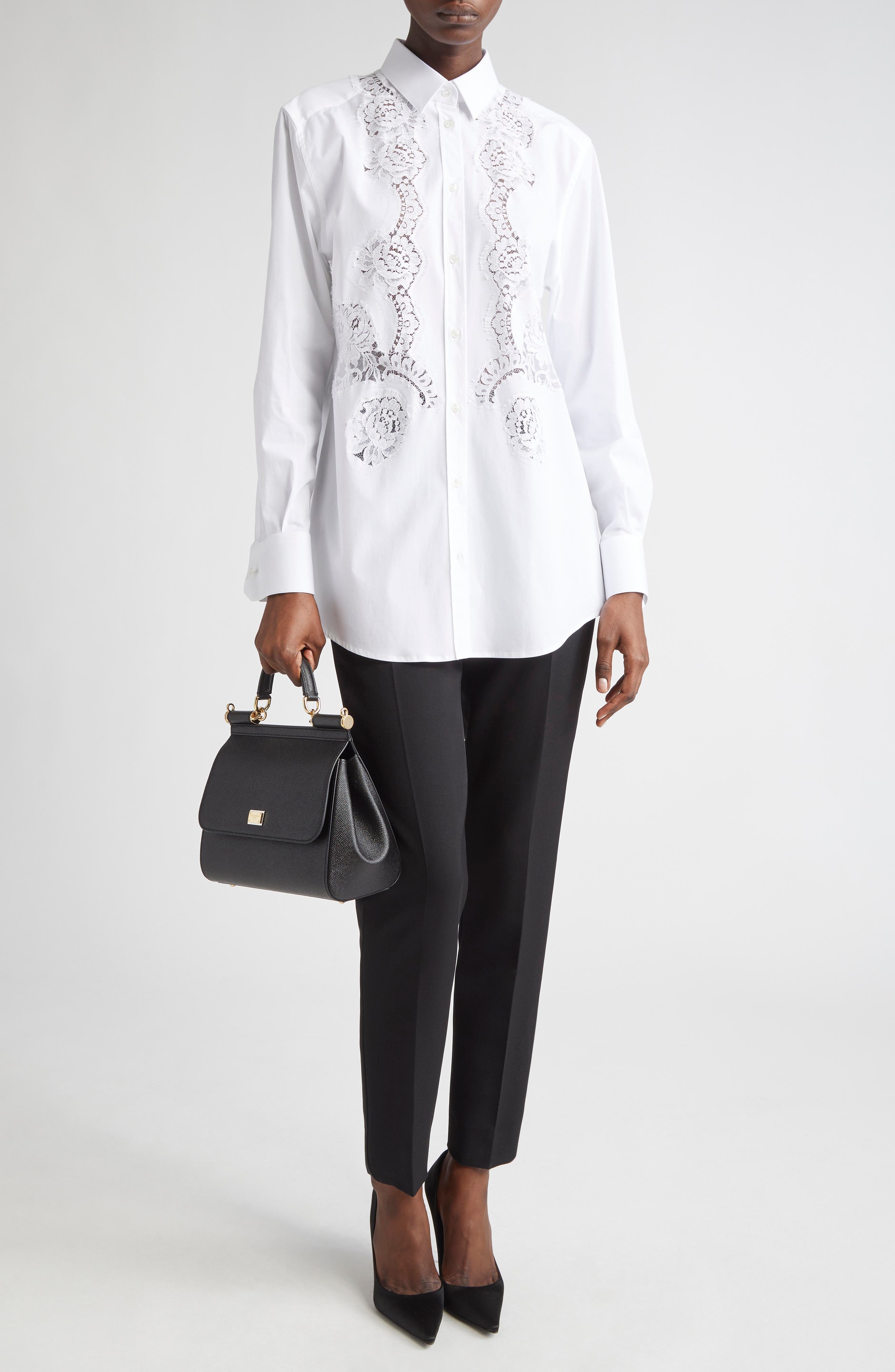 Dolce&Gabbana Cordonetto Lace Detail Poplin Button-Up Shirt in W0800 Bianco Ottico at Nordstrom - 2