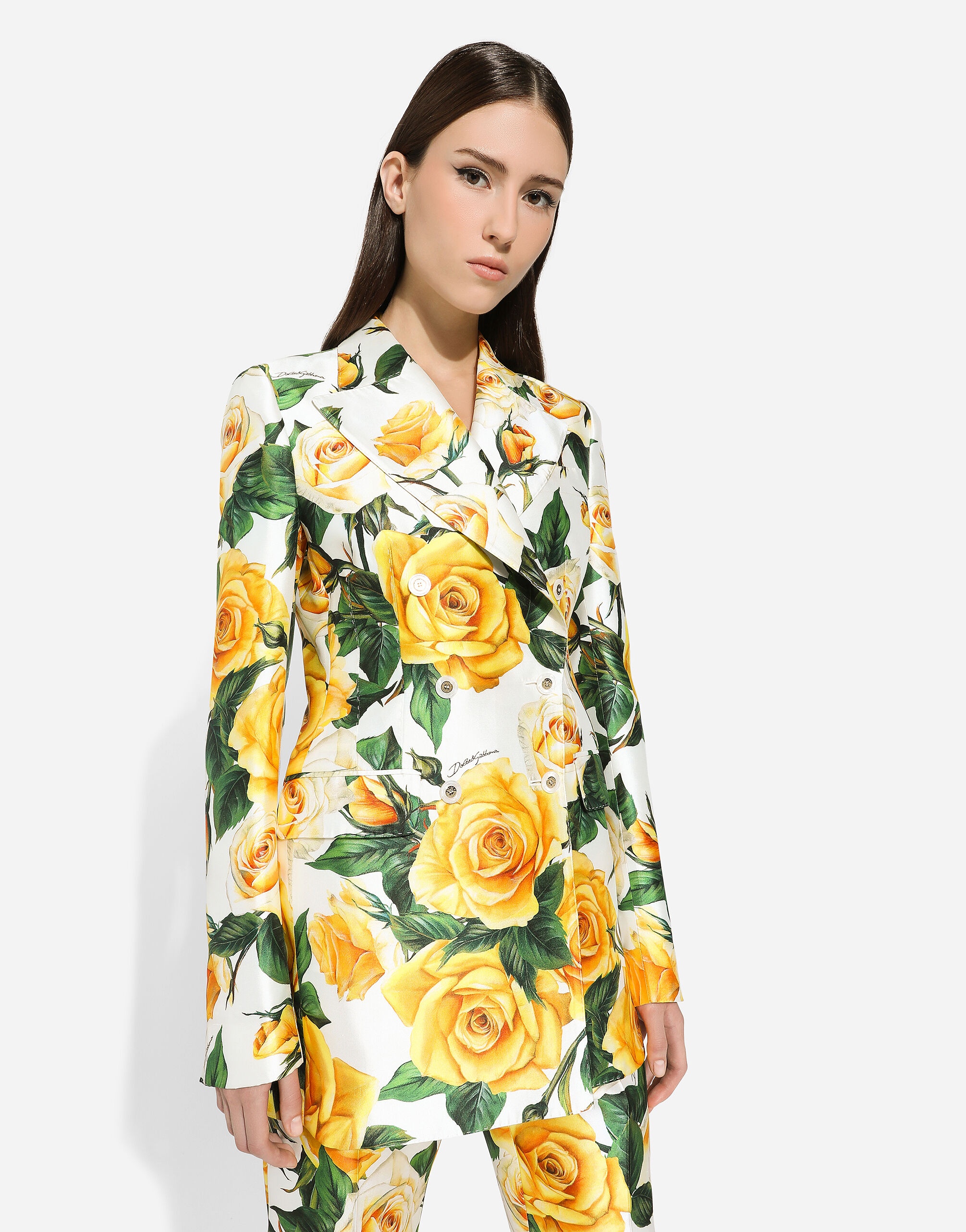 Double-breasted Turlington jacket in yellow rose-print mikado - 4