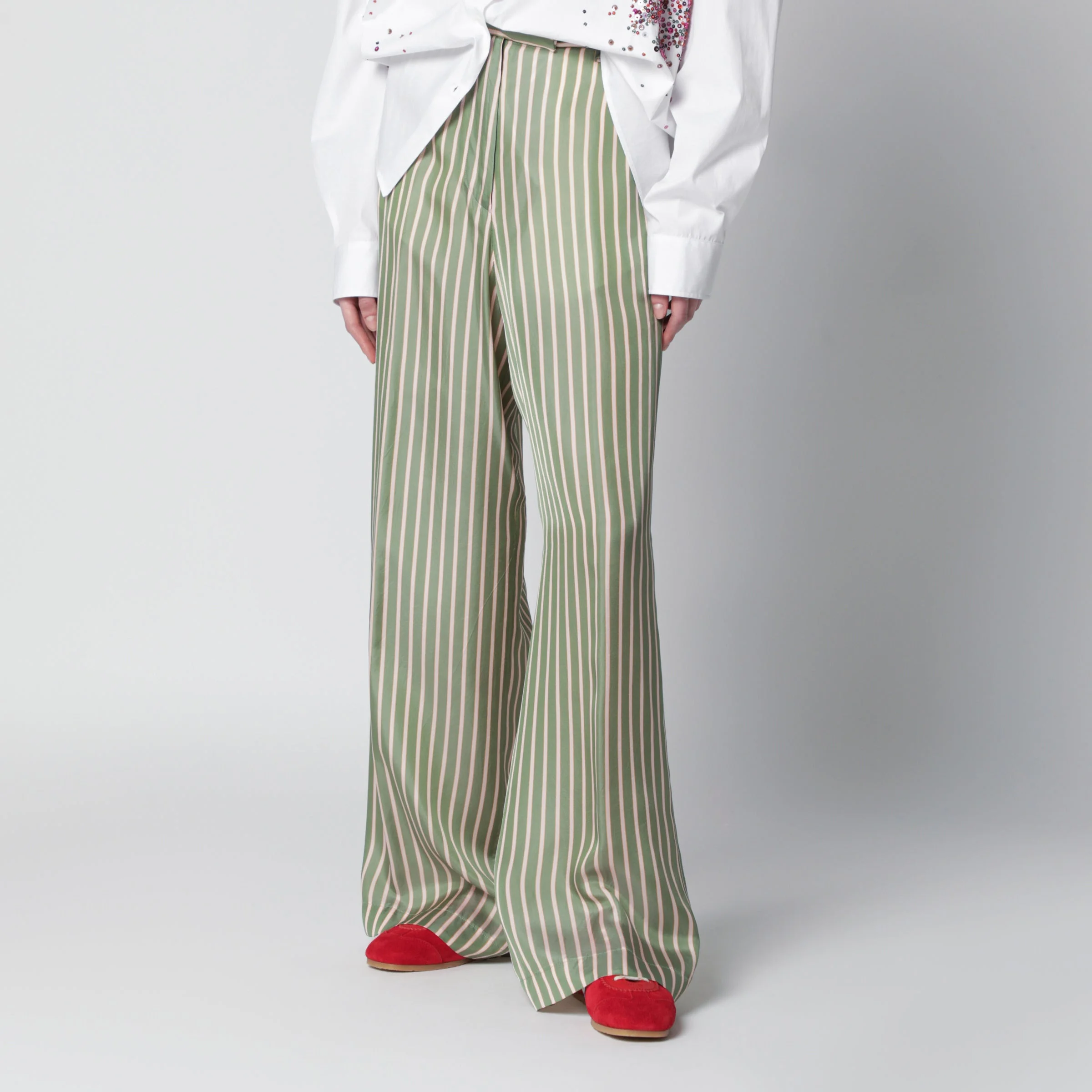 Wide-leg green striped trousers - 1