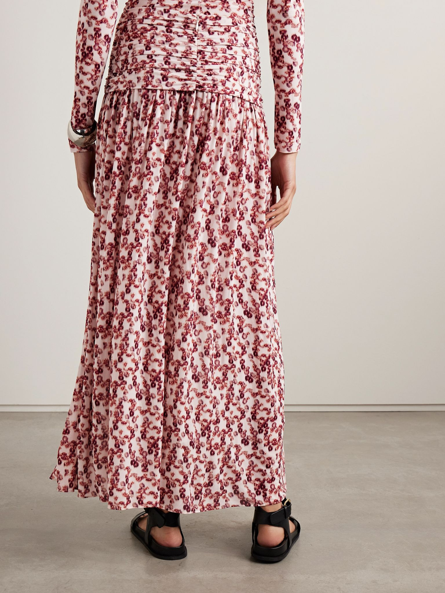 Gwendy ruched floral-print stretch-jersey maxi skirt Red - 3