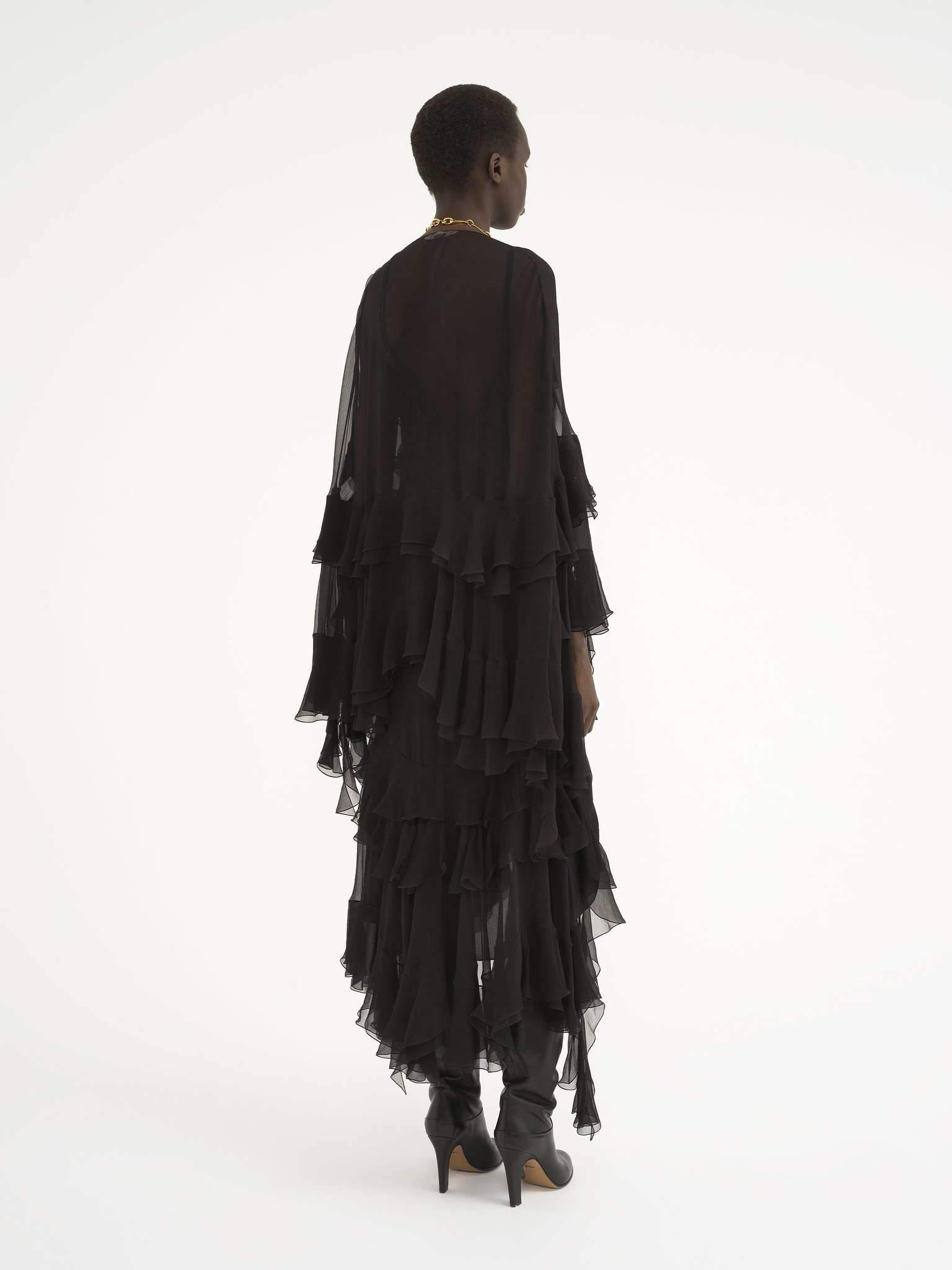 LONG RUFFLED DRESS IN SILK MOUSSELINE - 5