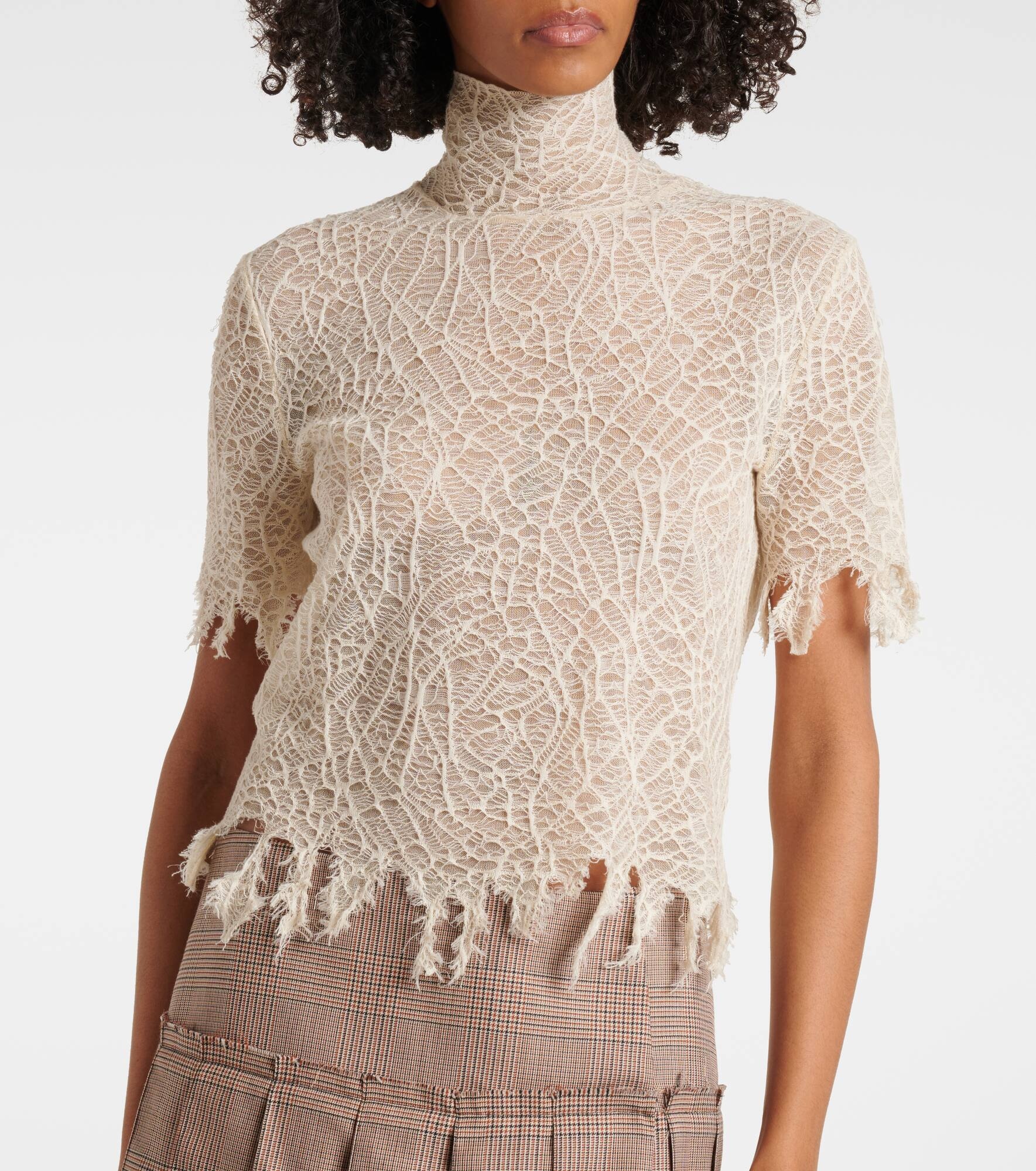 Distressed cotton and silk lace top - 6