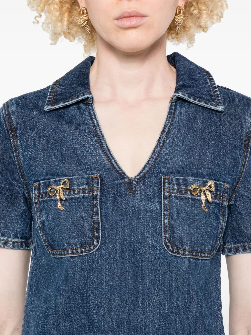 Denim Crystal Bow Mini Dress - 4