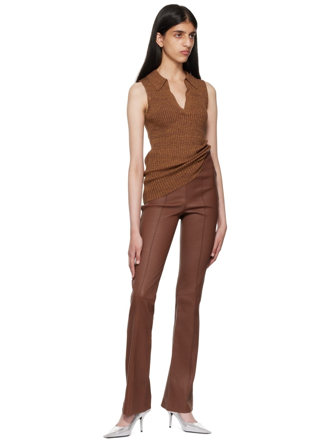 Brown Bootcut Leather Pants - 4