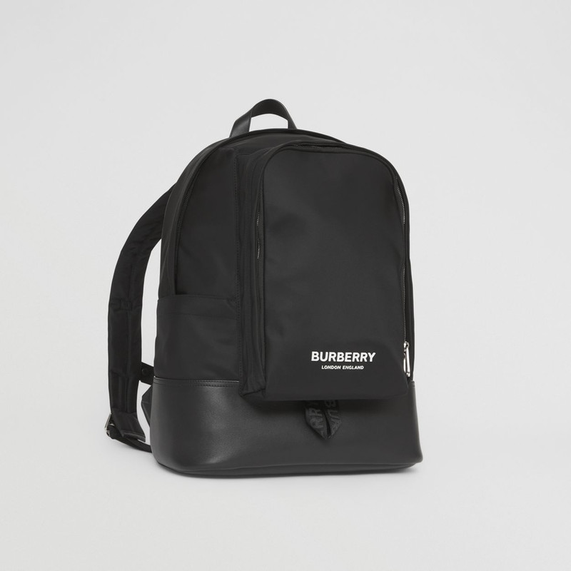 Large Logo Print Nylon and Leather Backpack 7