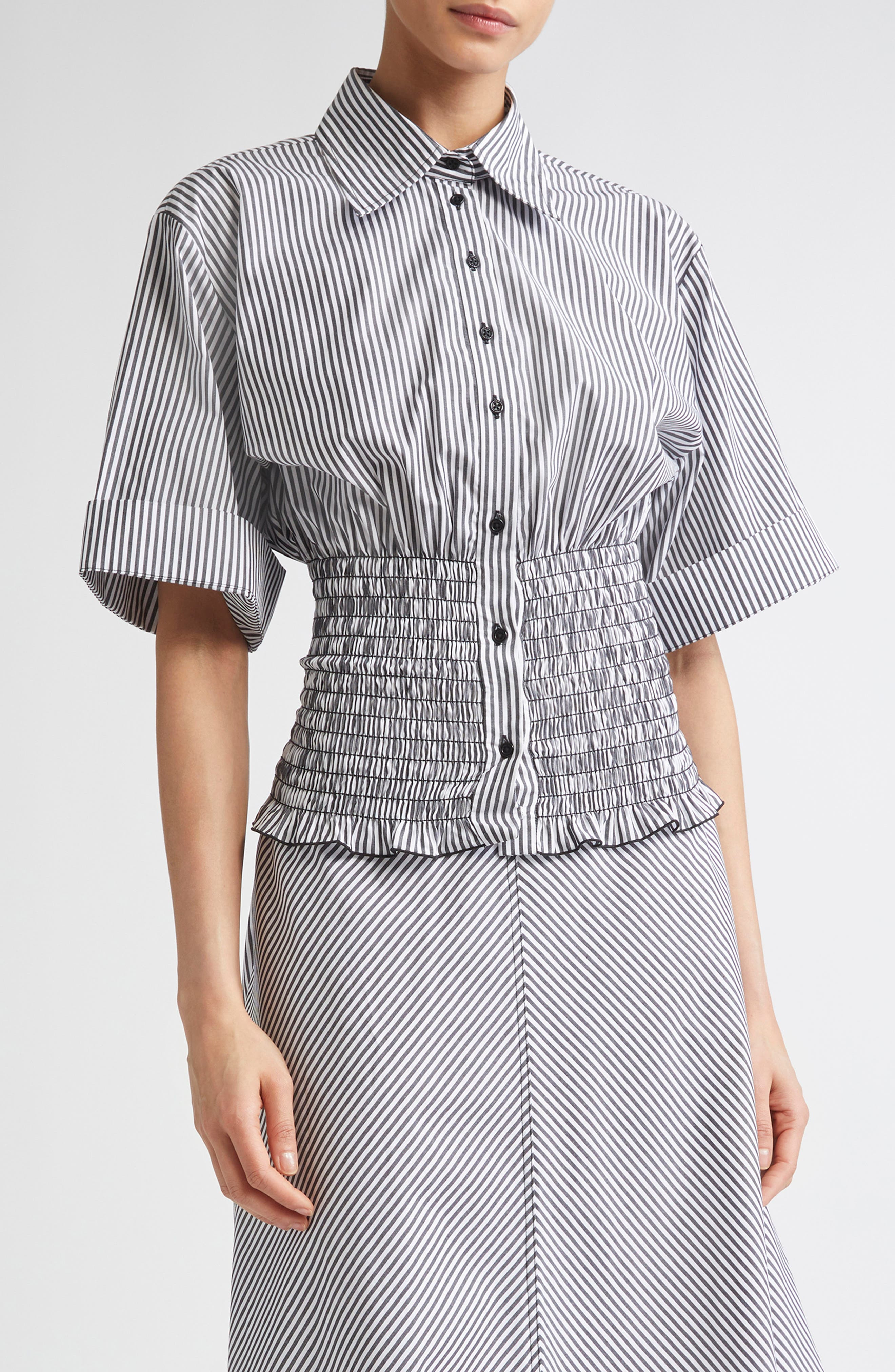 Brandon Maxwell The Harte Stripe Smocked Button-Up Shirt in Black/White Stripe at Nordstrom - 1