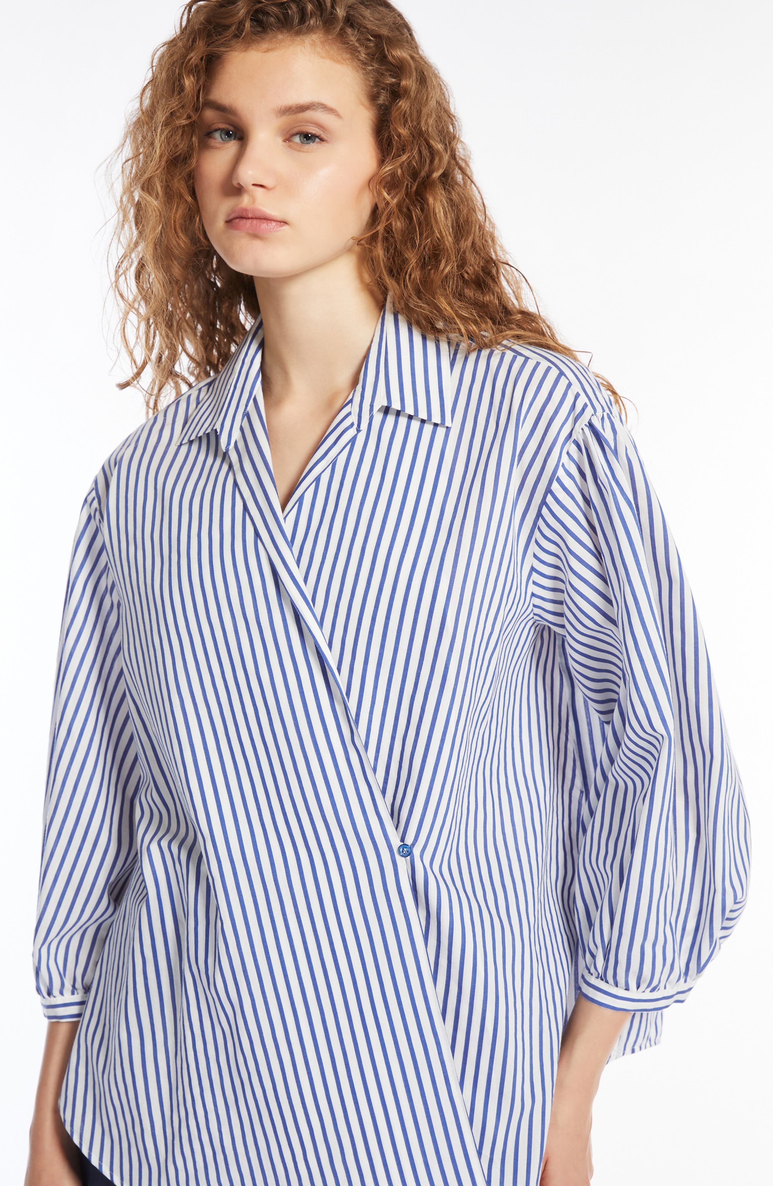 Weekend Max Mara Ceci Stripe Tie Waist Cotton & Silk Shirt in Cornflower Blue at Nordstrom - 3