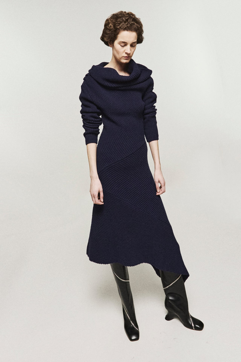 KNITTED PATCHWORK RIB DRESS WITH HIGH NECK NAVY 1