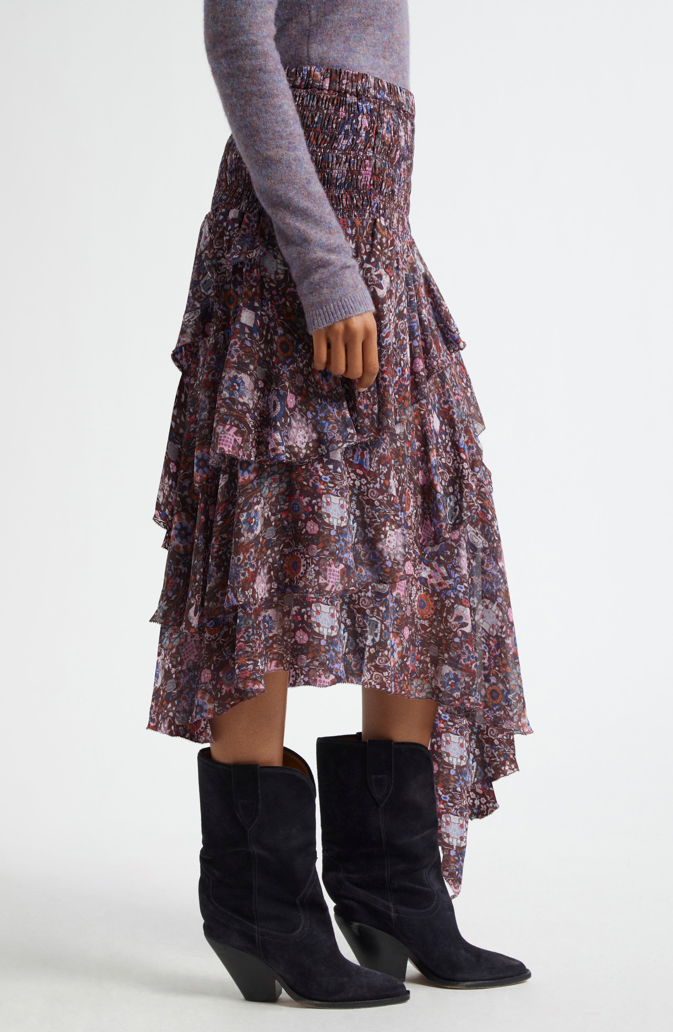 Isabel Marant Étoile Brigitte Smocked Waist Tiered Chiffon Midi Skirt in Plum at Nordstrom - 3