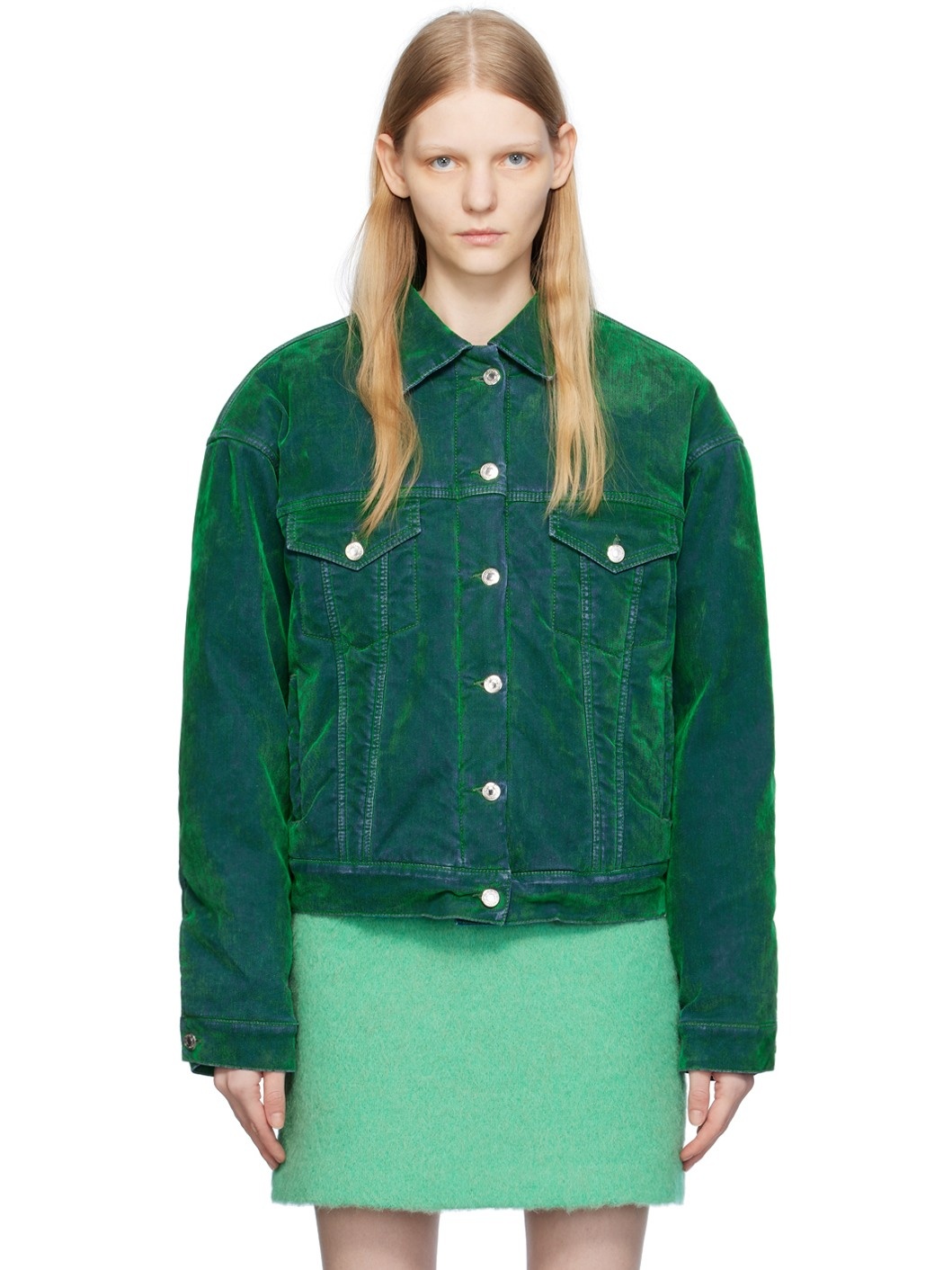 Green Flocked Denim Jacket - 1