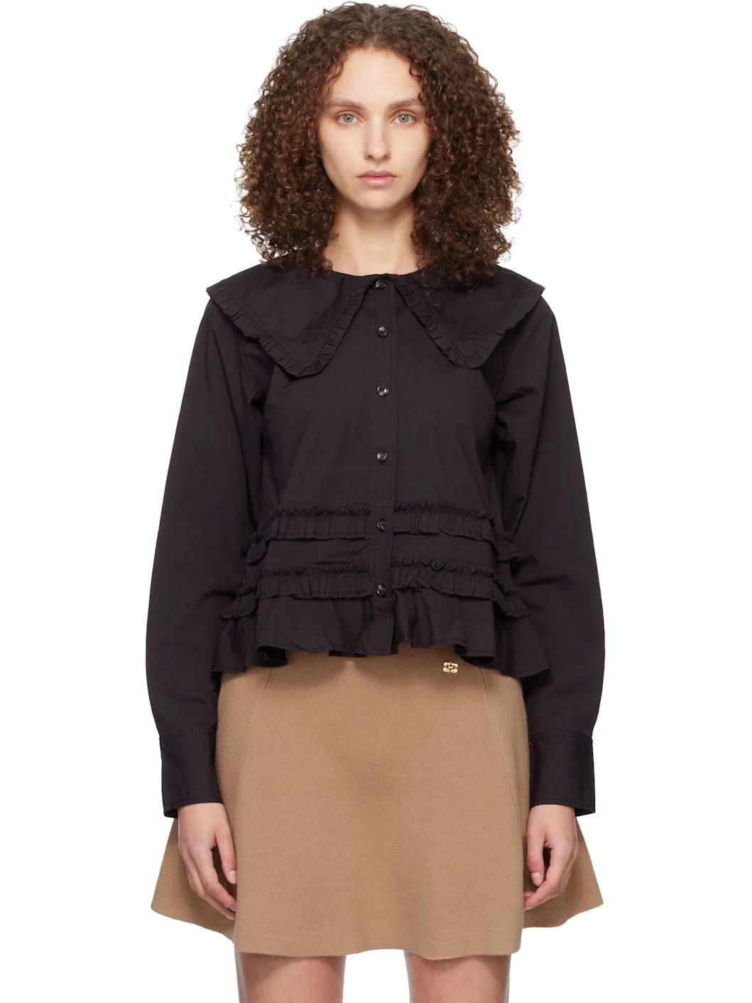 Black Stretch Cotton Ruffle Shirt - 1