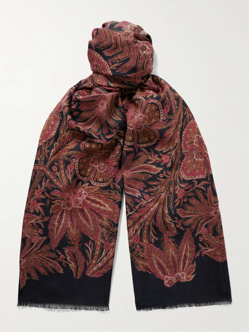 Fringed Printed Herringbone Cashmere and Silk-Blend Scarf 1