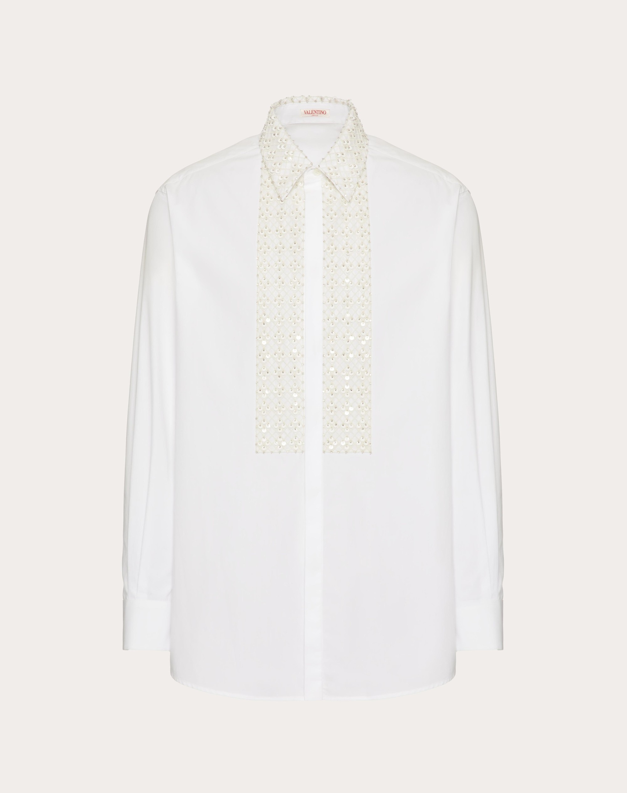 LONG-SLEEVED COTTON SHIRT WITH PLASTRON EMBROIDERED WITH SEQUINS AND BEADS - 1