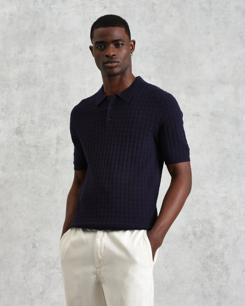 Wax London Naples - Navy Diamond Stripe Knitted Polo outlook