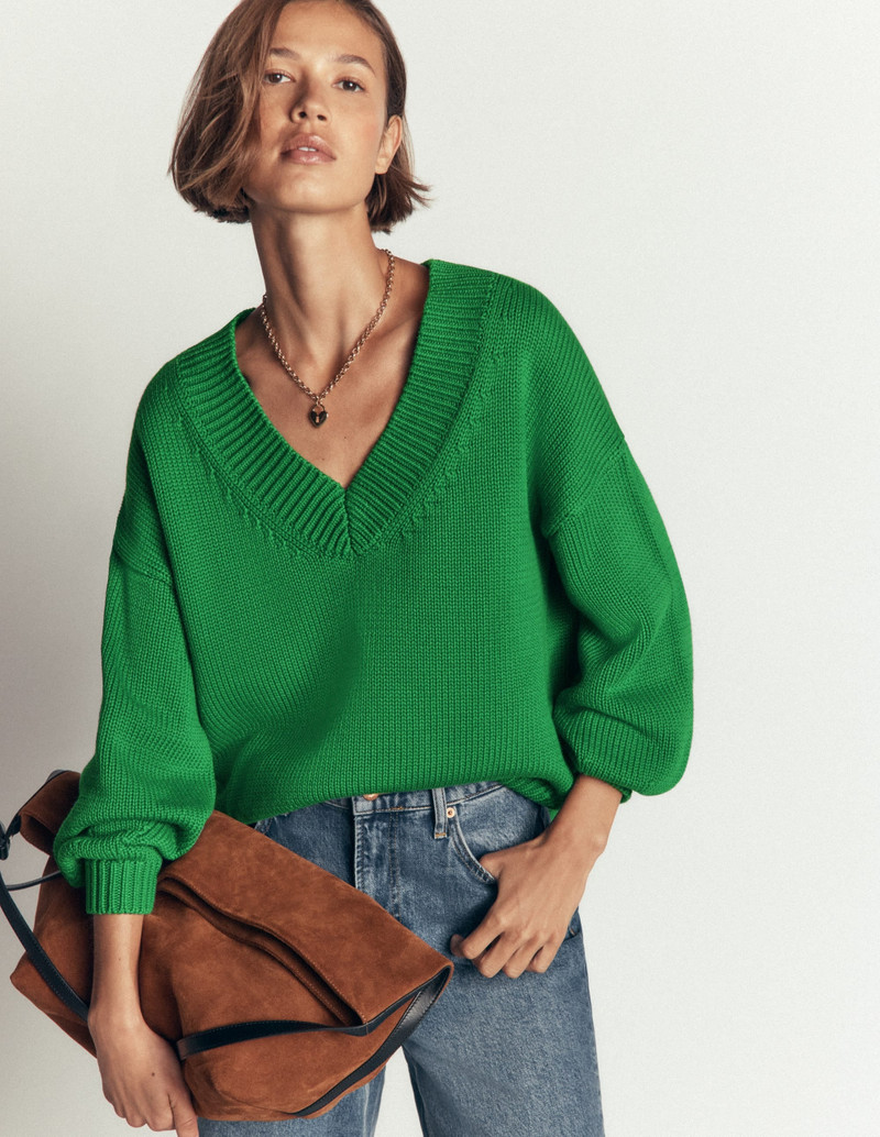 Lucy Cotton V-neck Sweater-Highland Green 6