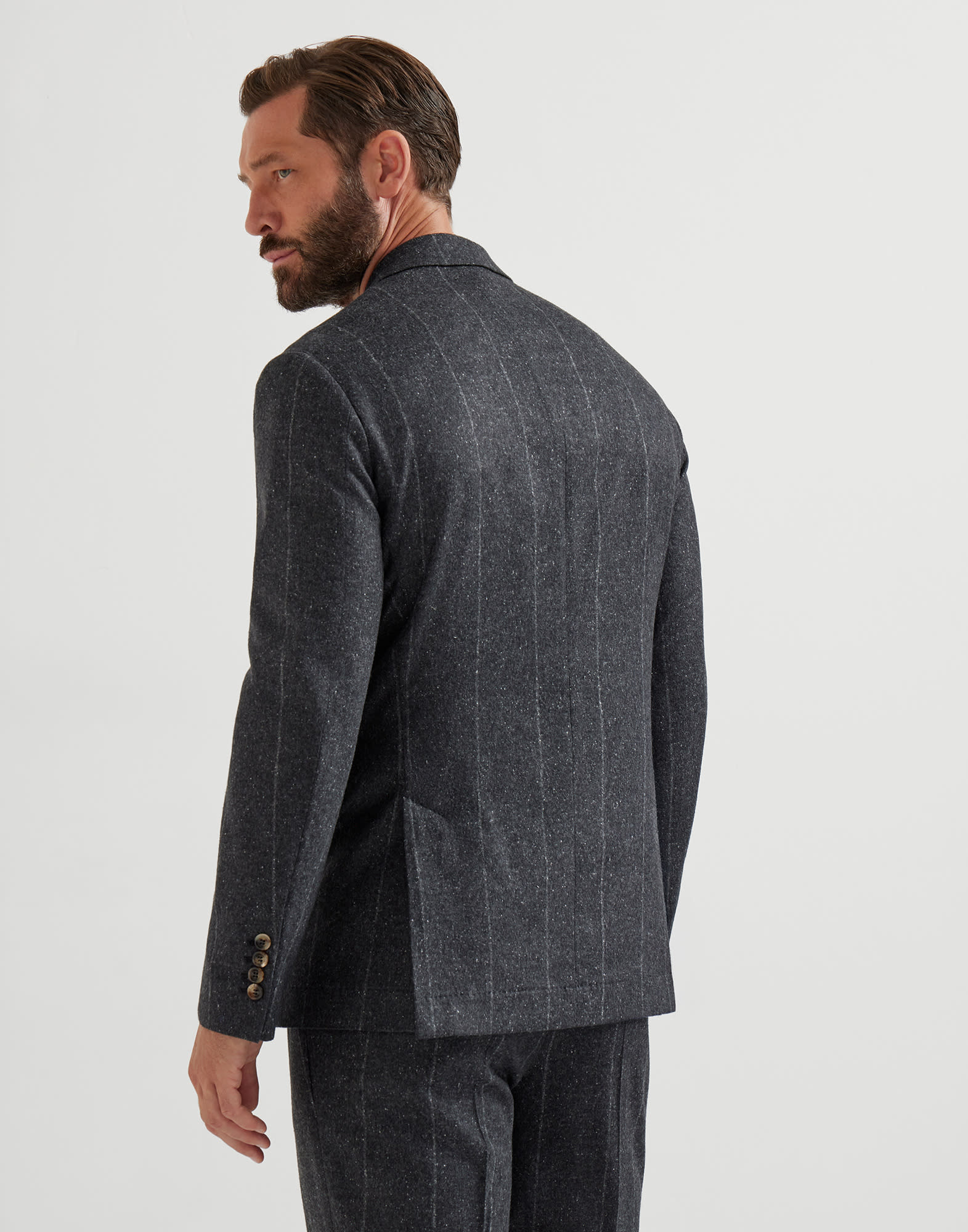 Silk, wool and cashmere flecked chalk stripe flannel deconstructed blazer with large peak lapels - 2