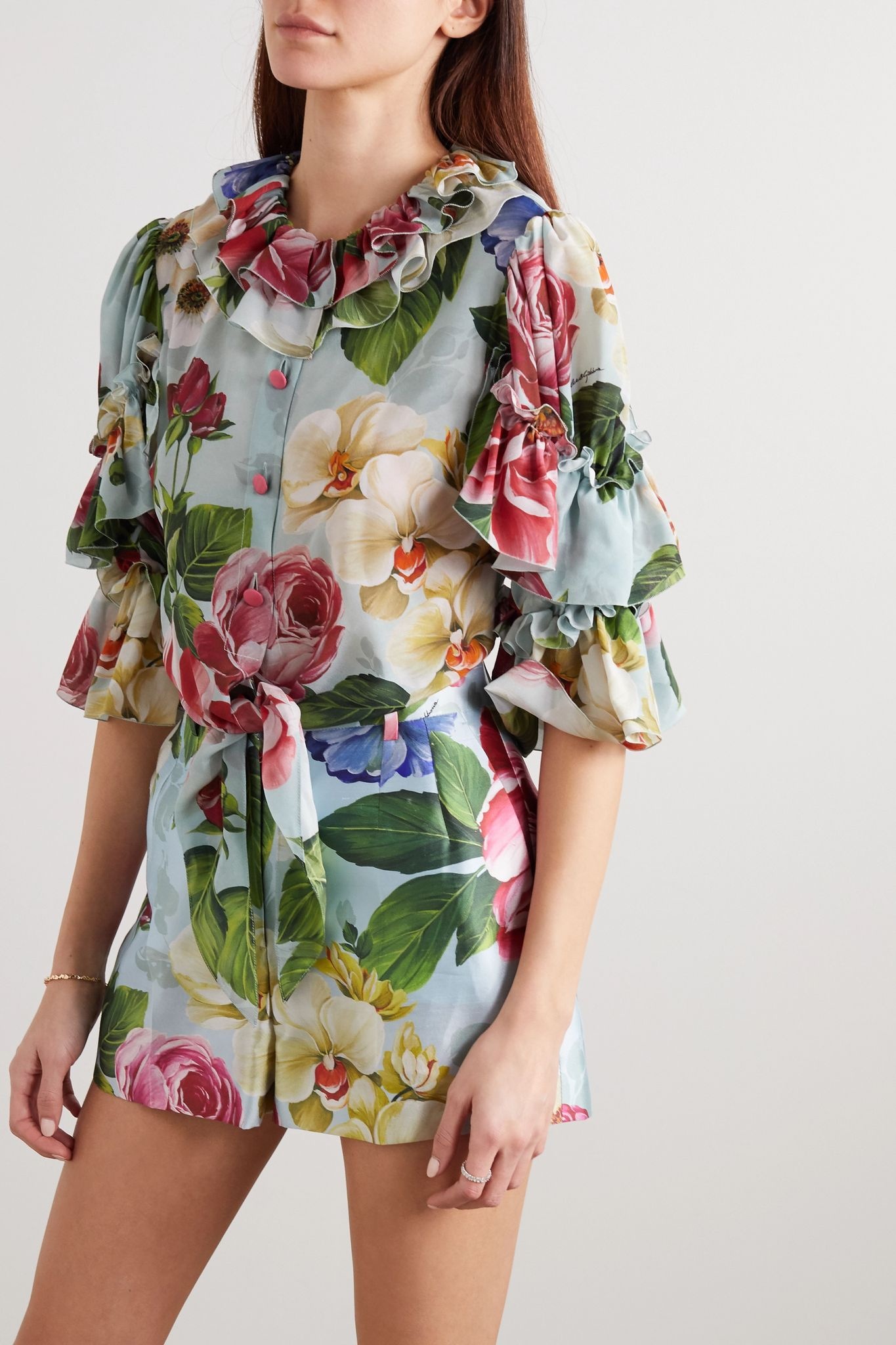 Cropped ruffled tie-front floral-print silk blouse - 3