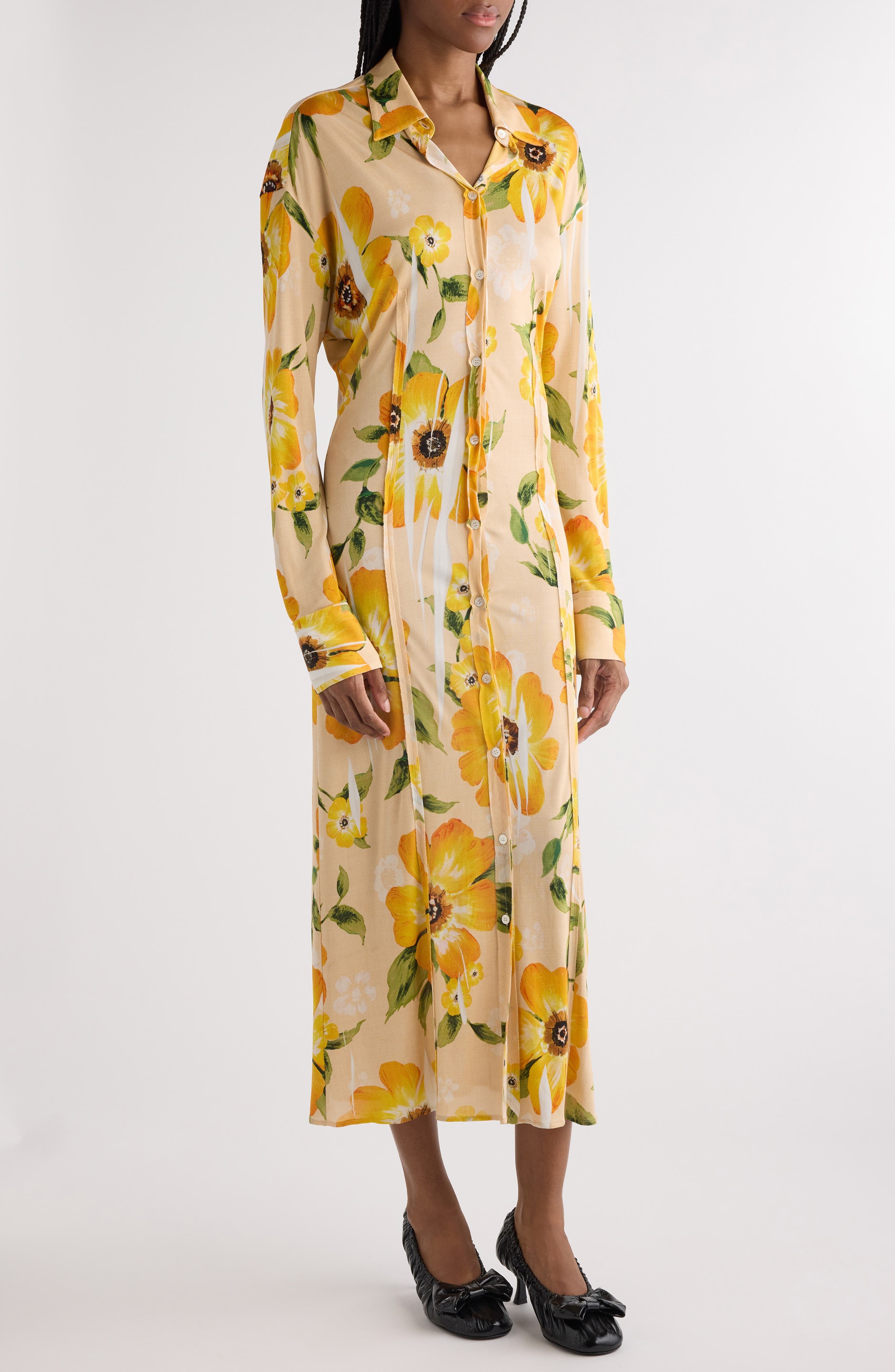 Acne Studios Delga Floral Print Long Sleeve Shirtdress in Orange Multi at Nordstrom - 1