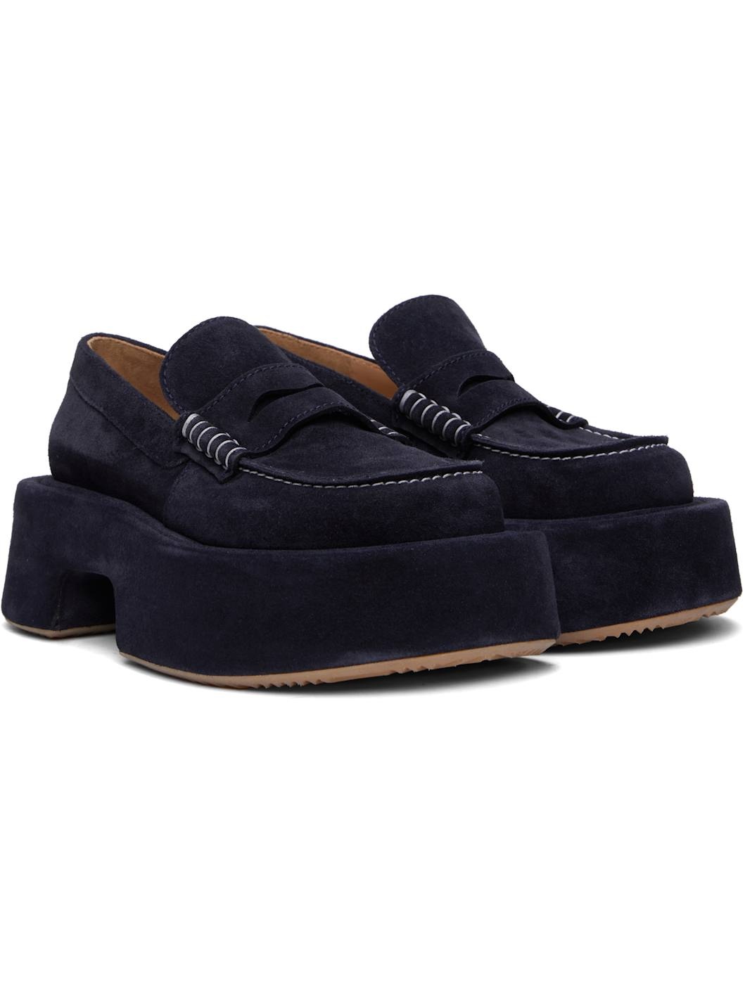 Navy Suede Platform Slip-on Loafers - 4