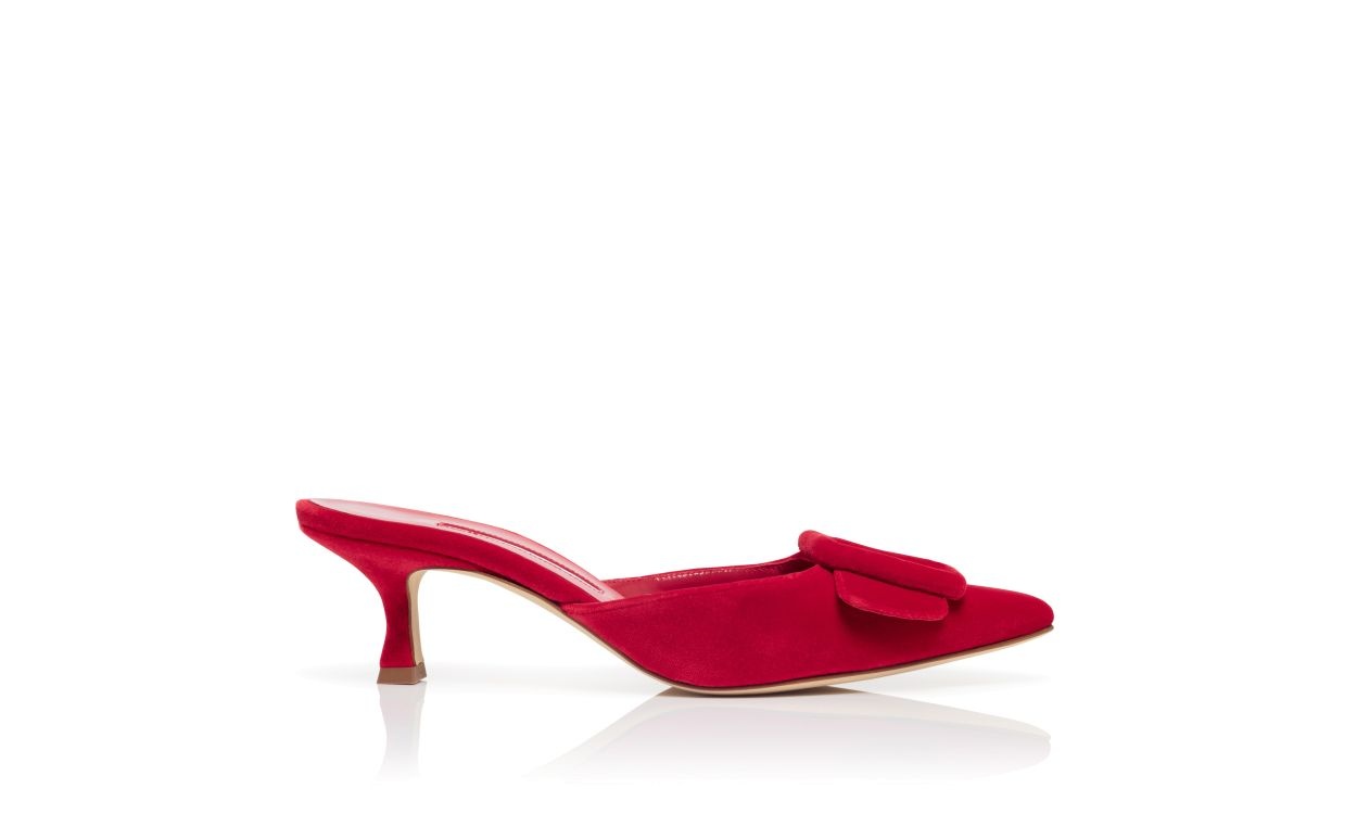 Red Velvet Buckle Detail Mules - 1