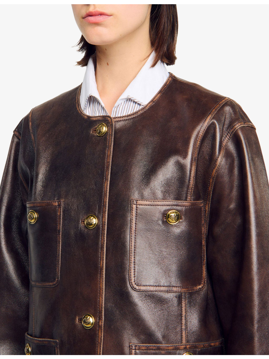 Distressed Button-Embellished Leather Jacket - 5