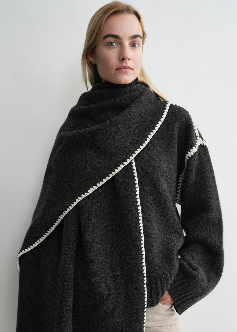 Embroidered wool cashmere scarf grey melange 5