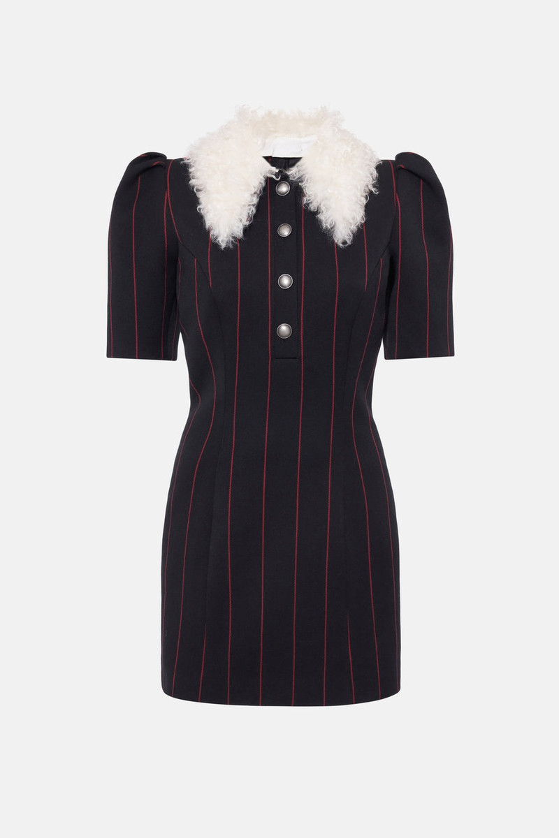 LIGHT WOOL PINSTRIPE MINI DRESS W/ WOOL FUR COLLAR - 1