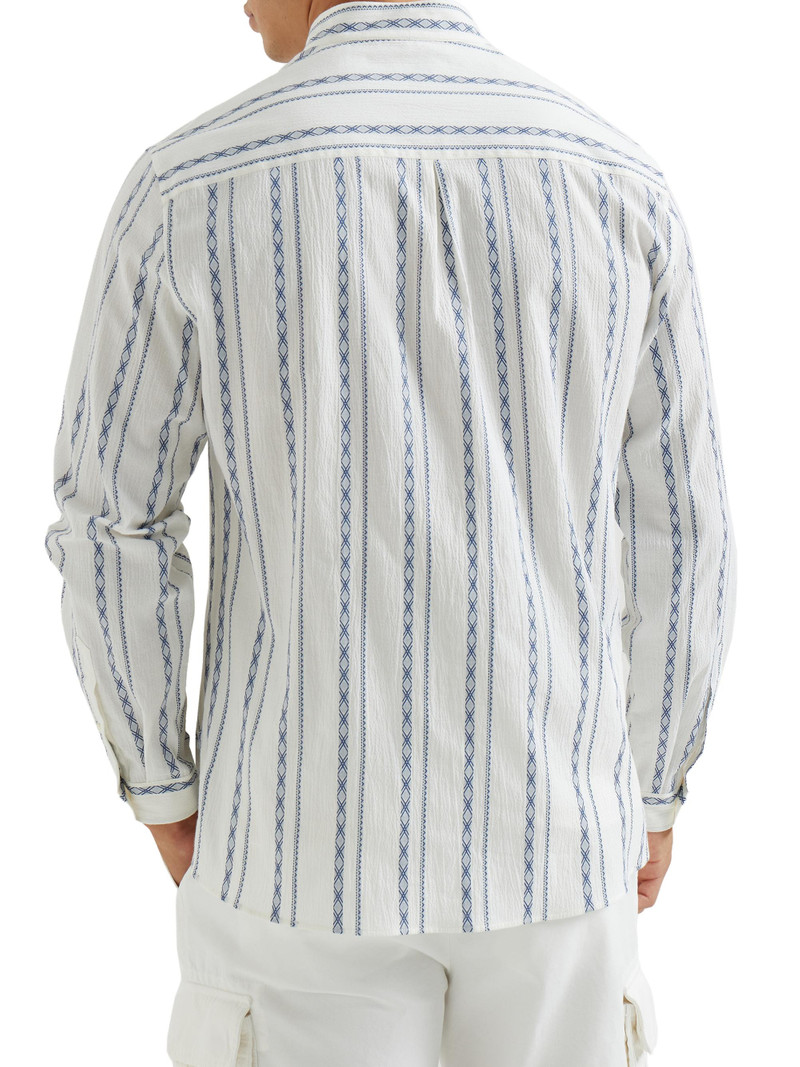 Men's Ethnic Stripe Seersucker Easy Fit Shirt with Mandarin Collar - White 3