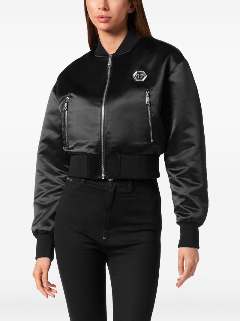 PHILIPP PLEIN satin logo-plaque bomber jacket outlook