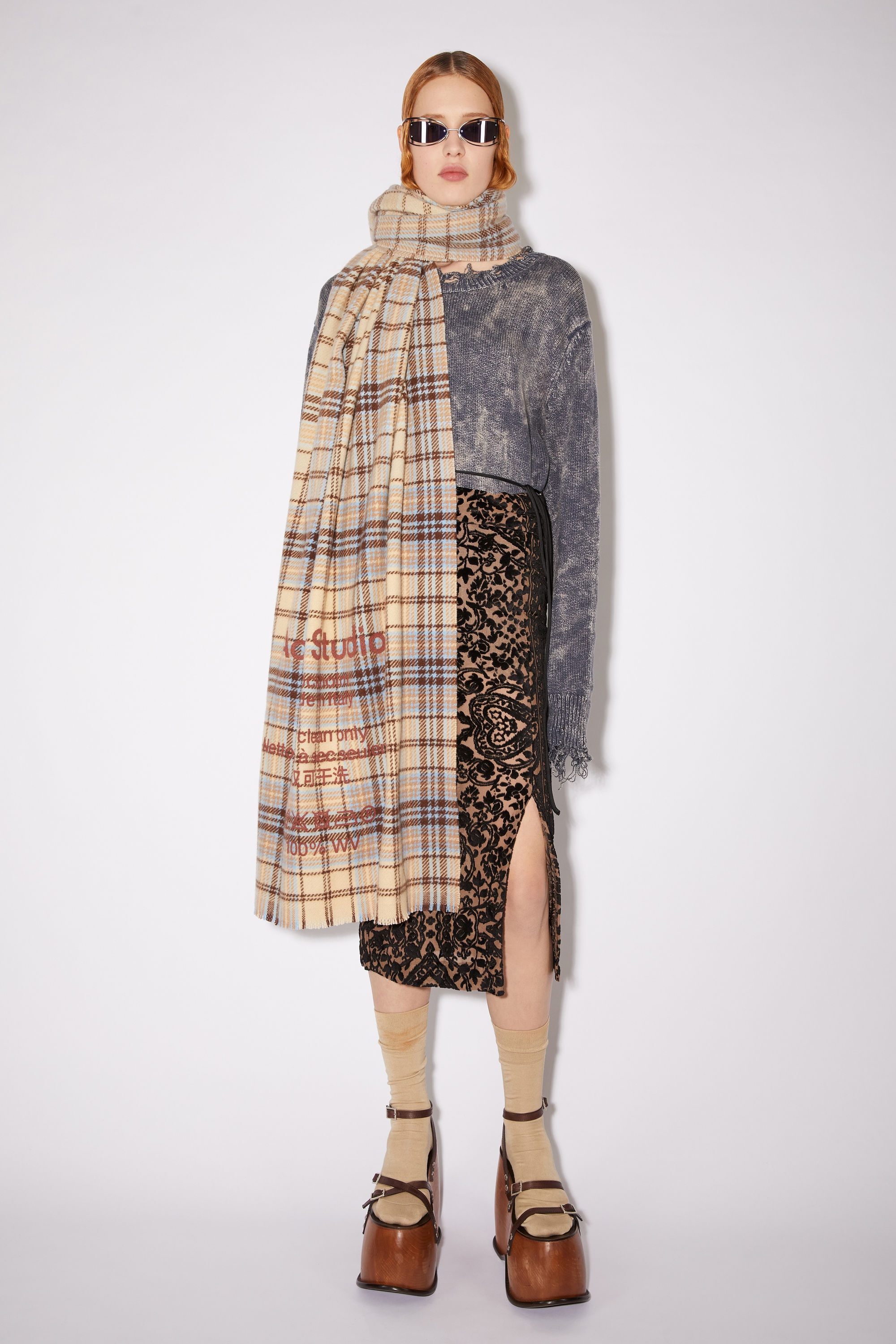 Checked wool scarf - Oat beige/brown - 2