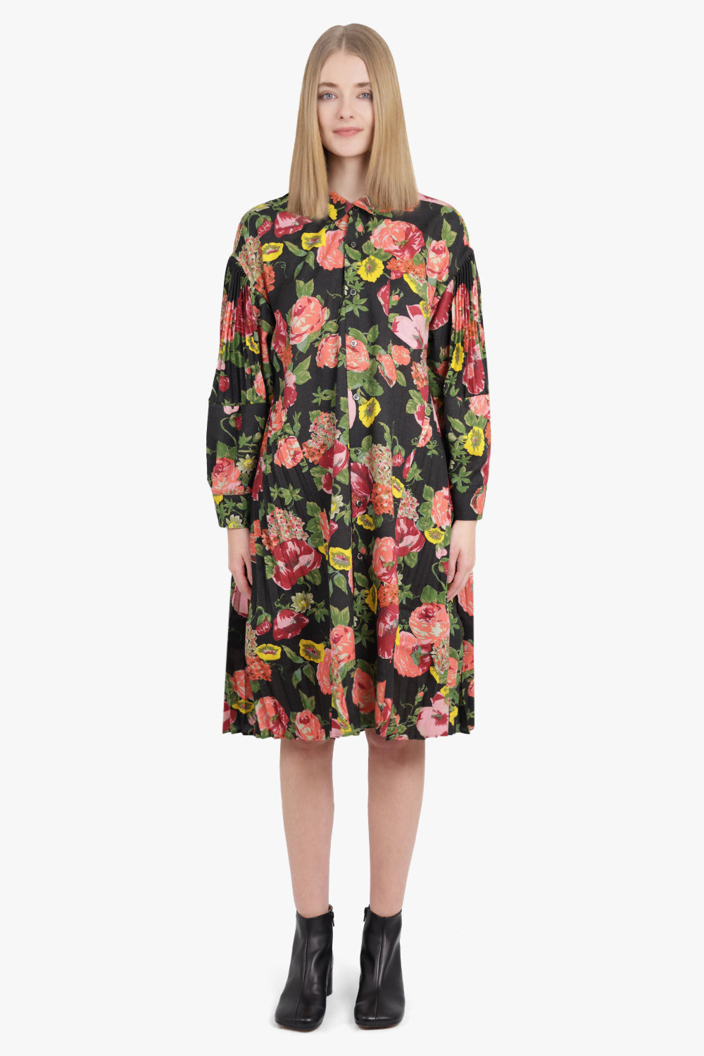 FLORAL PRINT L/S PLEAT MIDI SHIRT DRESS | BLACK/PINK - 3