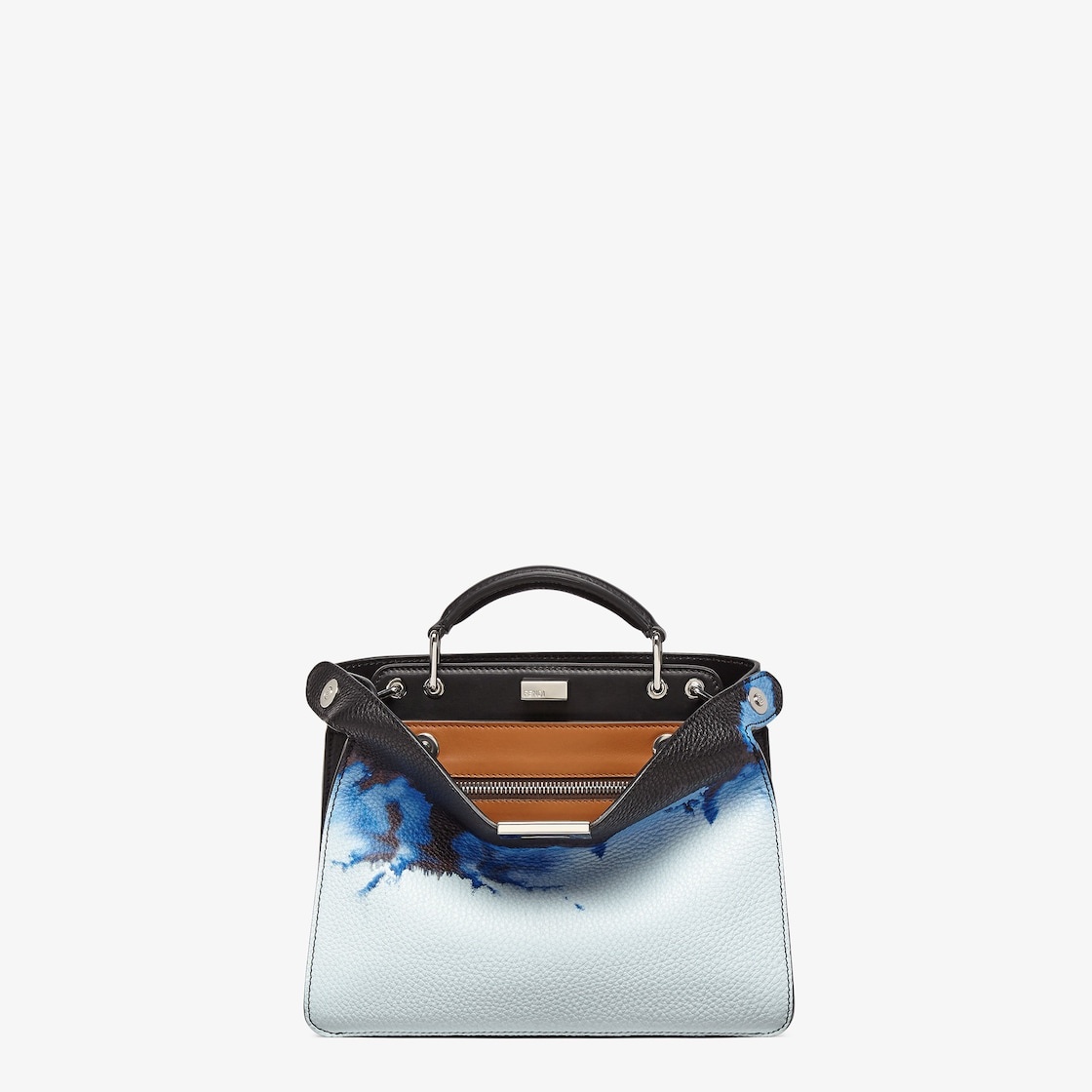 Small Peekaboo ISeeU bag made of black Cuoio Romano leather, printed with Cloud graphics in blue and - 1
