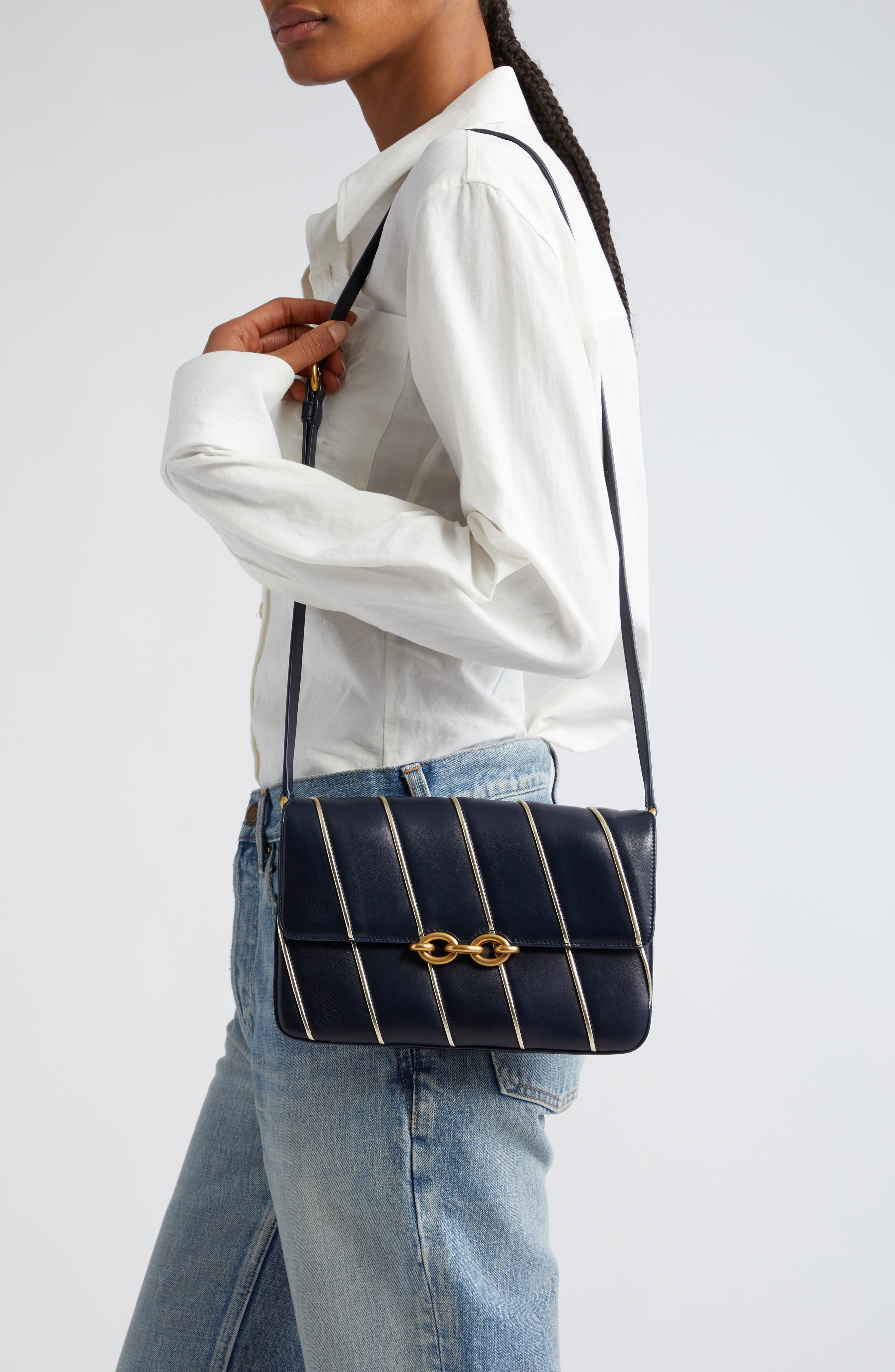 Saint Laurent Le Maillon Quilted Leather Shoulder Bag in Marine/Marine/Argent at Nordstrom - 3