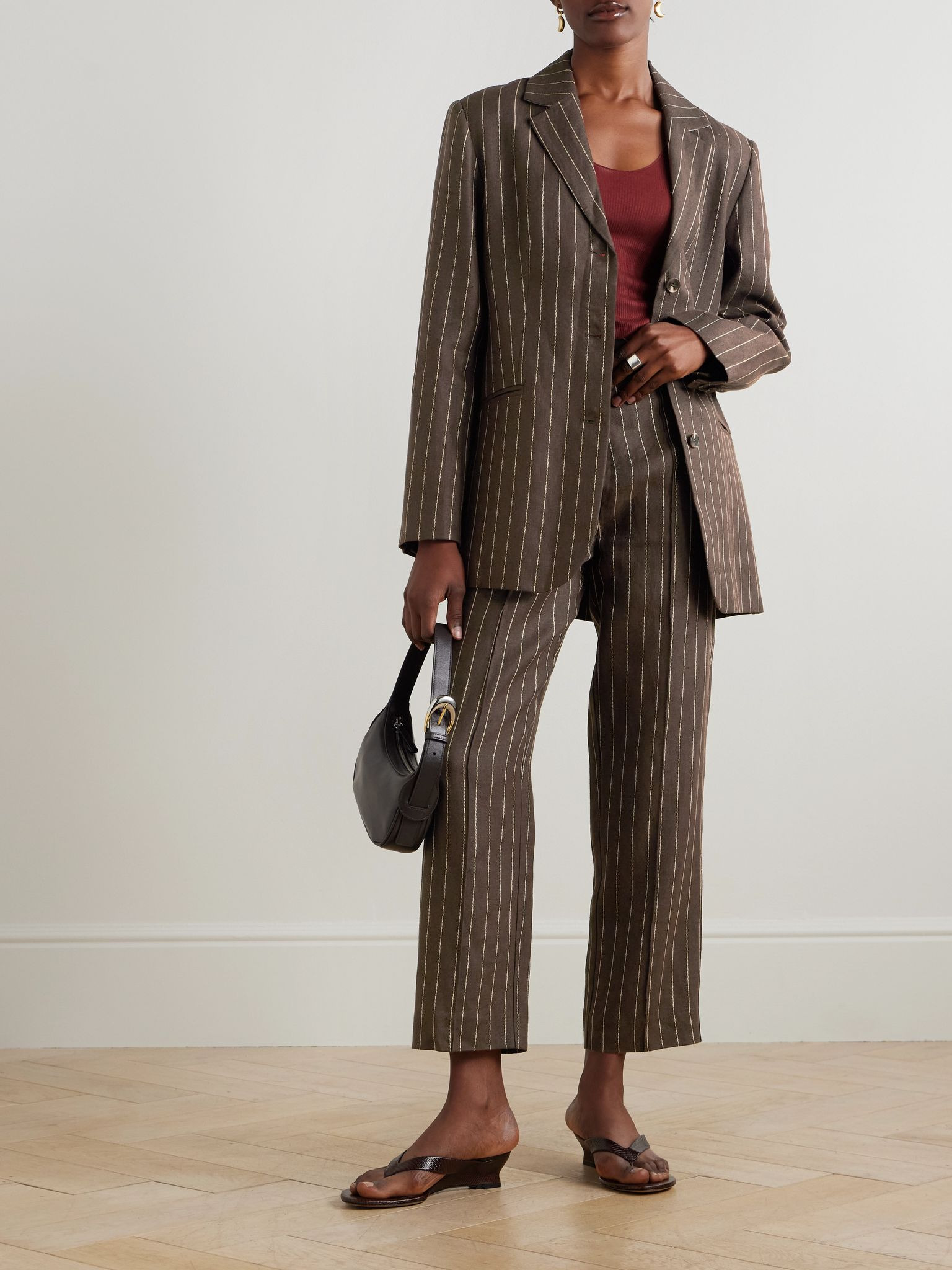 Leon pinstriped linen-twill blazer Dark brown - 5