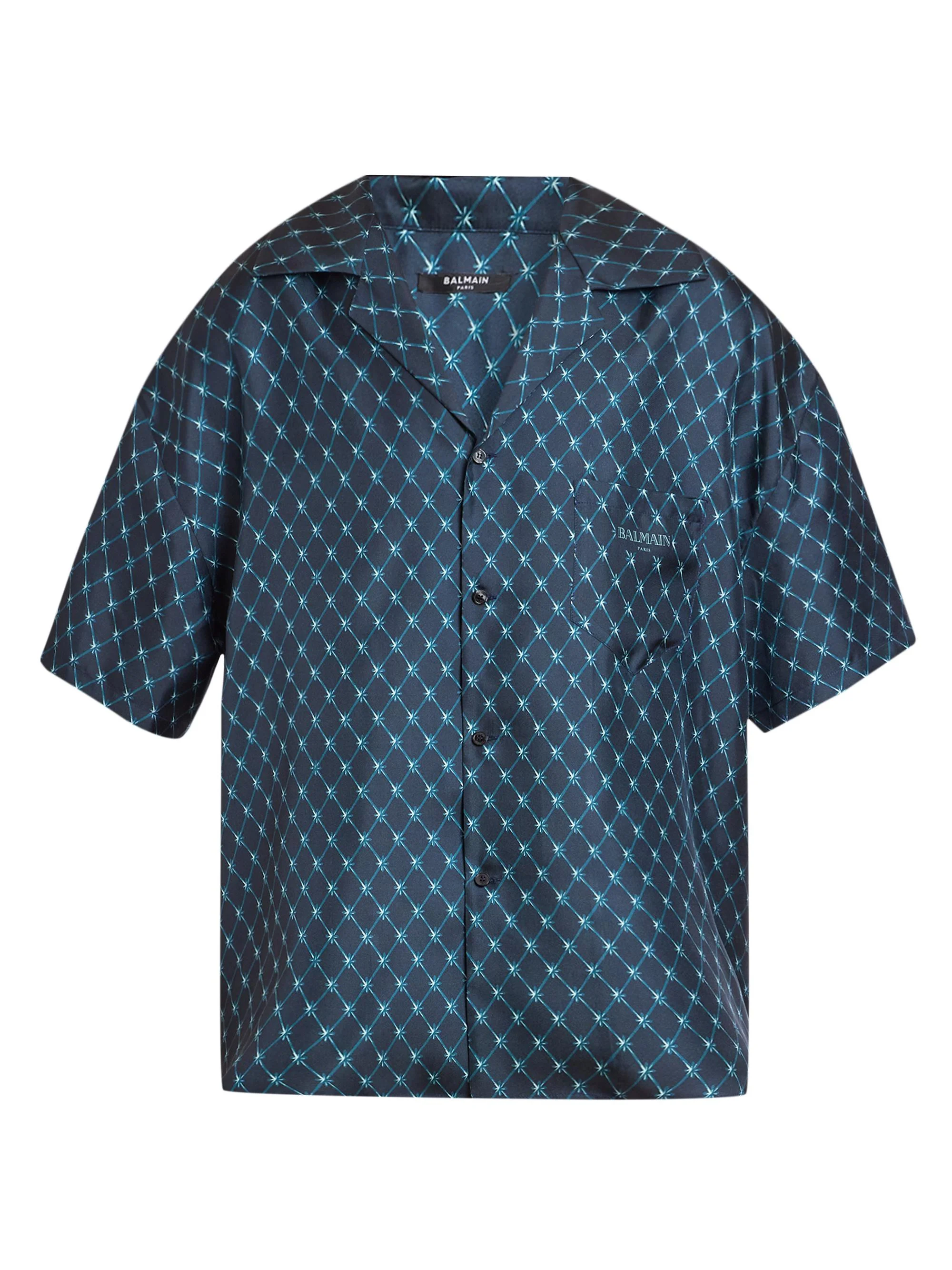 Men's Grid-Print Logo Camp Shirt - Bleu Nuit Bleu Ciel - 1