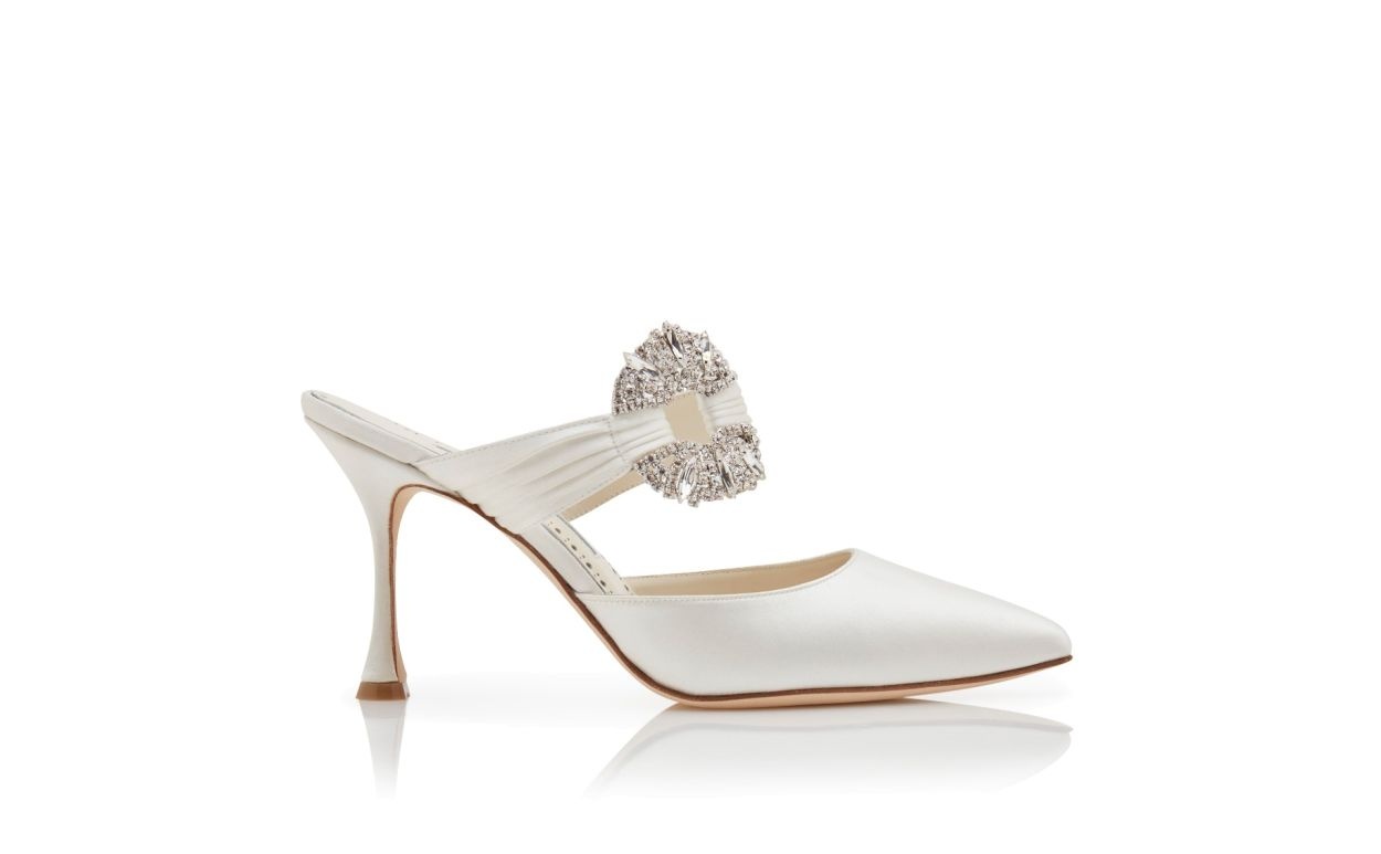 Cream Satin Embellished Buckle Mules - 1