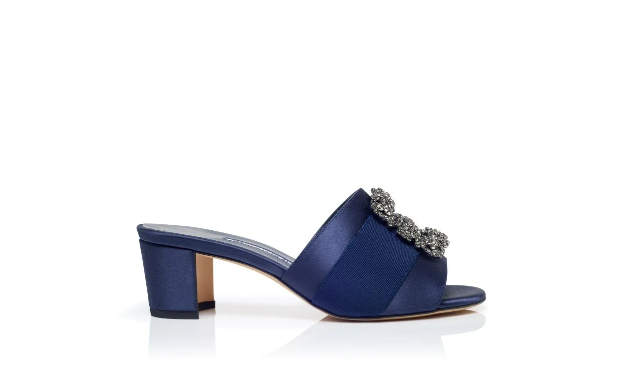Navy Blue Satin Jewel Buckle Mules - 1